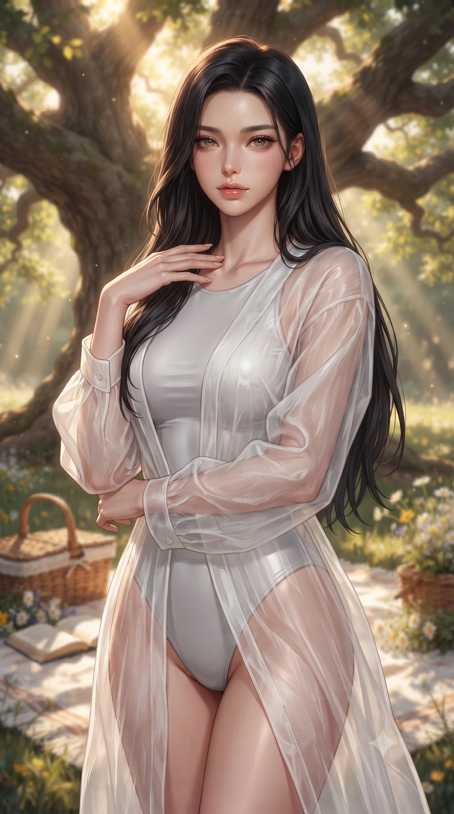 score_9, masterpiece, best quality, ultra-detailed, high-budget anime keyframe, editorial fashion photography, tasteful artistic composition, Korean woman woman. close-up cowboy shot from the waist and thighs up, the character dominates the composition, filling the frame with her large presence, background elements kept in soft focus. standing with one hand resting on her collarbone, looking at the viewer with bedroom-eyes the background shows a soft-focus a picnic spot under a large oak tree in a vast field of wildflowers overlooking a valley. She has an exceptionally elegant, slender, and willowy female figure with an ultra-slim waist, a gracefully sculpted slender torso, and a refined silhouette. sharp v-shaped jawline, high-bridge nose, intricate jewel-like eyes with depth, thick eyelashes, glossy lips with a natural sheen. wearing a body-hugging semi-transparent white organza resort cover-up worn over a form-fitting one-piece swimsuit. warm golden afternoon sunbeams filtering through the oak leaves. ultra-reflective glossy finish, specular highlights, metallic sheen, high-contrast stereoscopic depth, volumetric dynamic lighting, 2k, ultra detail, master piece, 9:16 ratio