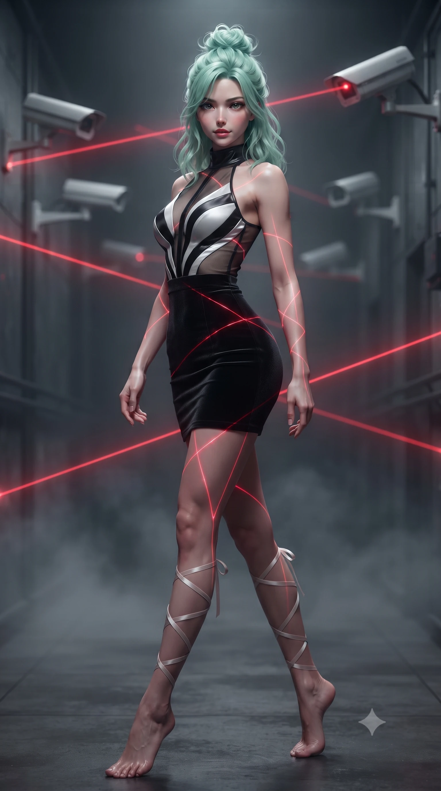 score_9, masterpiece, best quality, ultra-detailed, high-budget anime keyframe, editorial fashion photography, tasteful artistic composition, Japanese woman. low angle full-body shot from head to toe showing her feet, filling the entire 9:16 vertical frame with her statuesque presence, stretching her vertical silhouette. walking along the terrace with poise, looking back over her bare shoulder with an irresistible smoldering bedroom-gaze while twisting her slender torso in an alluring contrapposto stance, crimson security lasers painting glowing geometric lines across her curves. The background shows a soft-focus security surveillance cameras softened in high-stakes infiltration shallow focus. She has an absolutely perfect, statuesque 8.5-heads proportion, an exceptionally tall and slender model-like female figure with impossibly long slender legs, an ultra-slim waist, a flat toned midriff, narrow delicate ribcage, and beautifully sculpted feminine hips creating a graceful, slim hourglass silhouette without any bulky heaviness. sharp v-shaped jawline, high-bridge nose, sparkling eyes with hypnotic seductive depth, thick curled eyelashes, glossy parted lips with a natural dewy peach sheen, alluring bedroom-eyes with an enchanting coquettish smile, exuding magnetic siren charisma and sophisticated glamour, flawlessly proportioned anatomical accuracy, strict slender model proportions, natural body alignment, perfectly sculpted long slender limbs, ultra-slim waistline, clean dynamic posture without body distortion. wearing a provocative high-neck sheer illusion ballet dress with liquid satin ribbons contouring her curves in high-contrast monochrome black and optic white, tailored from ultra-plush velvet with rich tactile depth and deep shadow gradients, finished with delicate satin ballet ribbon ties criss-crossing up her slender calves to the knee, the liquid-tight tailored fabric clinging flawlessly to her narrow waist and rounded feminine hips, emphasizing every millimeter of her sculpted slim hourglass curves without any bulky heaviness. bathed in intense crimson laser beam illumination cutting through misty dark corridor shadows. ultra-reflective glossy finish, specular highlights, rich textural contrasts, high-contrast stereoscopic depth, volumetric dynamic lighting, 2k, ultra detail, master piece, 9:16 ratio