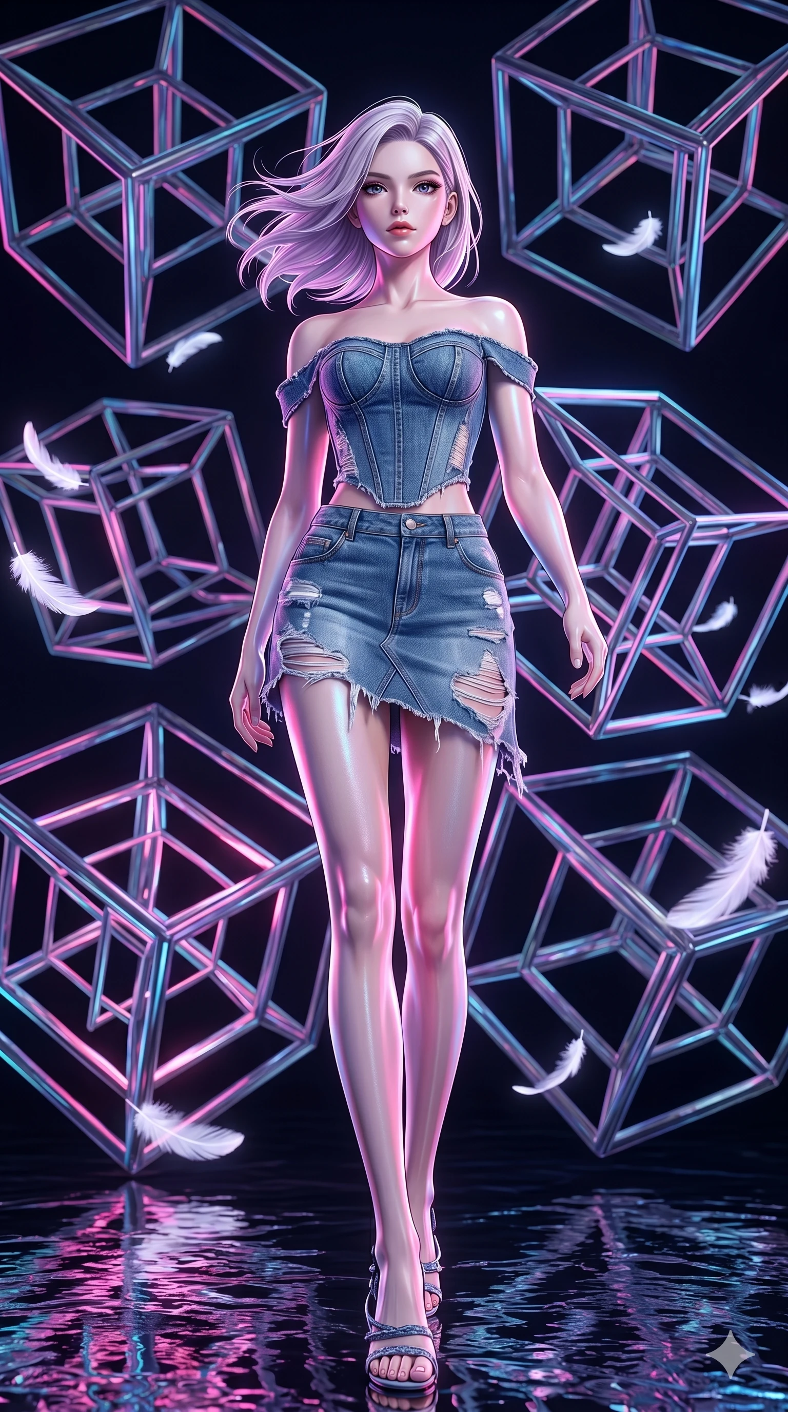 score_9, masterpiece, best quality, ultra-detailed, high-budget anime keyframe, editorial fashion photography, tasteful artistic composition, Caucasian woman, strictly human ears. low angle full-body shot from head to toe showing her feet, filling the entire 9:16 vertical frame with her statuesque presence, stretching her vertical silhouette. gliding through inside a mathematical void where 4D tesseracts rotate and morph continuously as soft white feathers made of light drift gently around her. She has an absolutely perfect 8-heads proportion, an exceptionally tall and slender female figure with impossibly long slender legs and an ultra-slim waist. V-shaped jawline, high-bridge nose, intricate jewel-like eyes with depth, thick eyelashes, glossy lips with a natural sheen.. wearing a deconstructed denim corset and an asymmetric ripped denim structured mini-skirt, showcasing a rugged yet chic off-shoulder style. illuminated by the brilliant neon reflections bouncing off wet surfaces, emphasizing her skin tone. 2k, ultra detail, master piece, 9:16 ratio