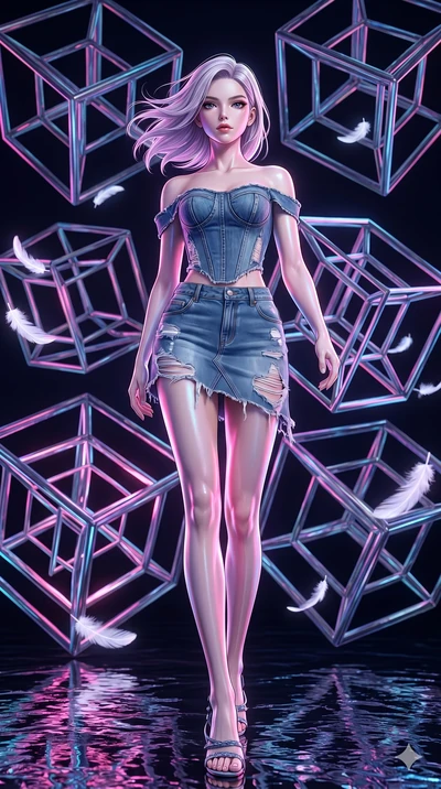 score_9, masterpiece, best quality, ultra-detailed, high-budget anime keyframe, editorial fashion photography, tasteful artistic composition, Caucasian woman, strictly human ears. low angle full-body shot from head to toe showing her feet, filling th