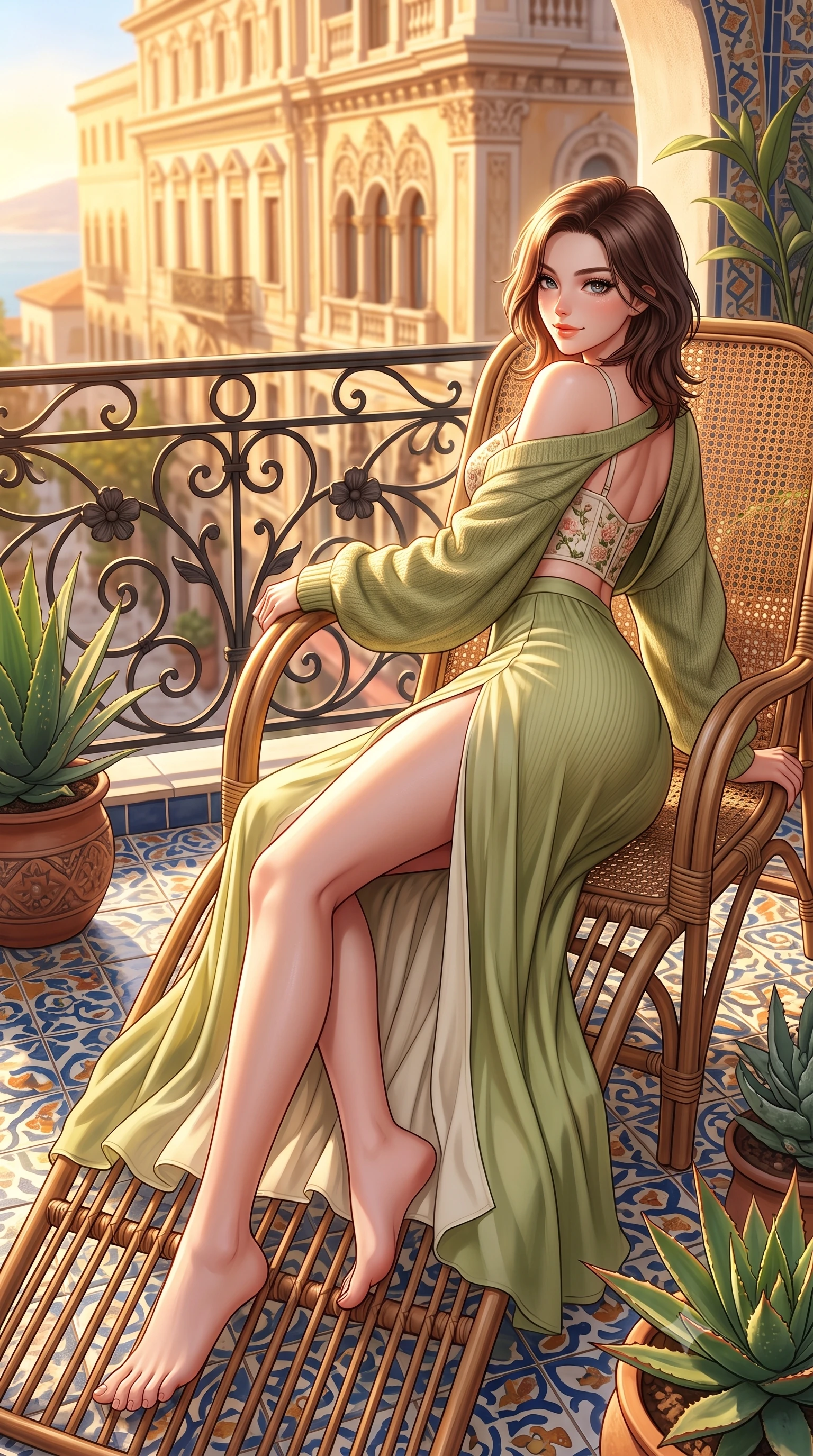score_9, masterpiece, best quality, ultra-detailed, high-budget anime keyframe, semi-realistic 3D game render, editorial fashion photography, tasteful artistic composition, Korean woman. low angle full-body shot from head to toe showing her feet, filling the entire 9:16 vertical frame with her statuesque presence, stretching her vertical silhouette. posing with back turned slightly to the lens, glancing back with an enchanting, playful smile as she arches her lower back to emphasize her sculpted feminine hips and slender waist while reclining on a vintage rattan lounge on the sunny terrace, her long slender legs and curvy hips framed by exotic potted succulents. The surrounding environment is rendered in vivid detail and crisp panoramic clarity. sharp ceramic mosaic glaze reflections, wrought-iron floral scrollwork, and balcony floor tiles in deep focus. She has an exceptionally tall and slender model-like 8.5-heads proportion, an ultra-slim waist, a flat toned midriff, narrow delicate ribcage, and beautifully sculpted feminine hips creating a graceful, slim hourglass silhouette without any bulky heaviness, with impossibly long slender legs. sharp v-shaped jawline, high-bridge nose, intricate jewel-like sparkling eyes with depth, thick eyelashes, glossy parted lips with a natural peach sheen, bright cheerful beaming smile with an enchanting and coquettish sensual glint, exuding both youthful cute charm and seductive allure, flawlessly proportioned anatomical accuracy, strict slender model proportions, natural body alignment, perfectly sculpted long slender limbs, ultra-slim waistline, clean dynamic posture without body distortion. wearing a delicate floral embroidery bustier top paired with a flowy high-slit chiffon maxi skirt with a side hip opening in matcha green and warm ivory, formed from supple second-skin stretch ribbed knit clinging to her form, complemented by an oversized soft knit cardigan slipping off one bare shoulder, the precision-cut side openings and low-back scoop framing her graceful spine and the sensual sweep of her slim, toned hips. bathed in glorious golden hour Mediterranean sunlight washing over the ornate facade. highly saturated vibrant anime colors, detailed shading with soft gradients, rich glossy textures, high-contrast stereoscopic depth, volumetric dynamic lighting, master piece, 9:16 ratio