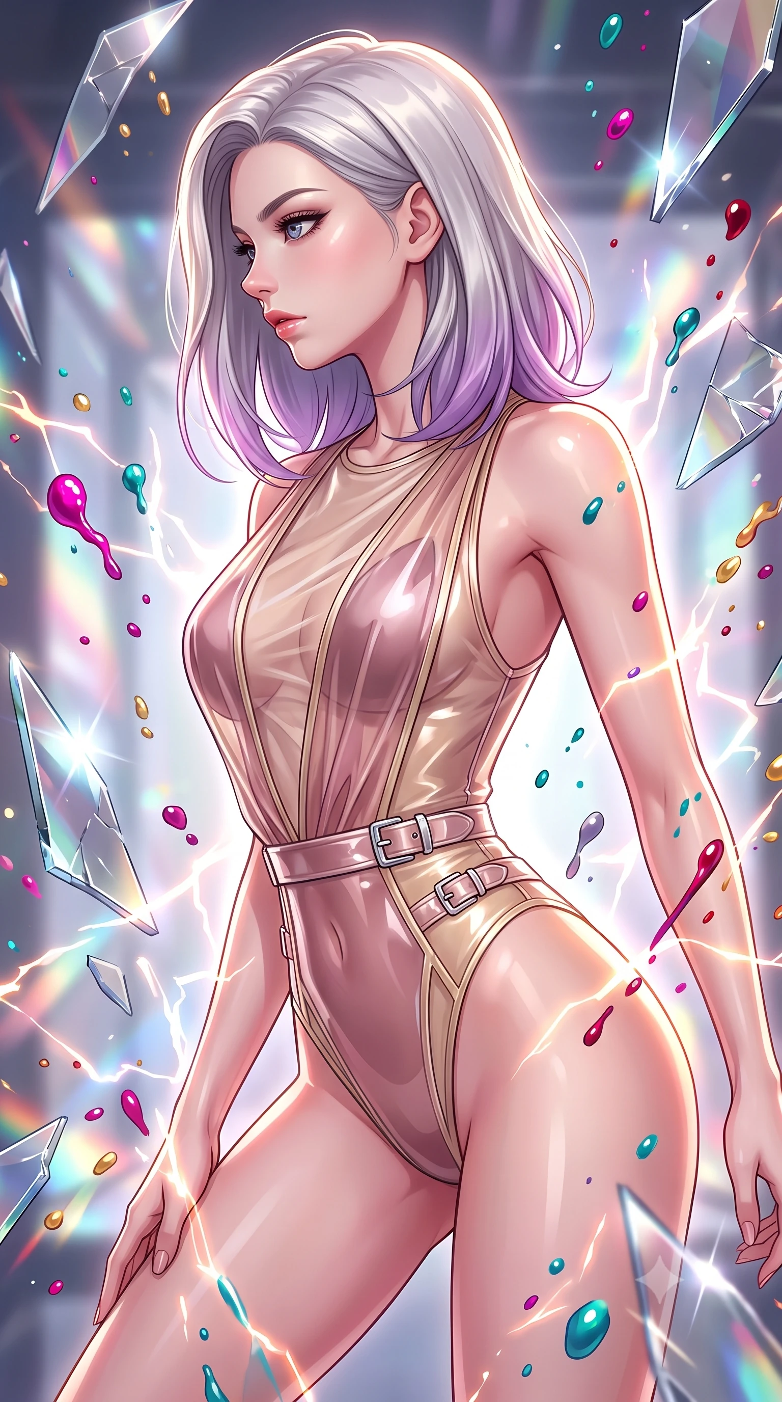 score_9, masterpiece, best quality, ultra-detailed, high-budget anime keyframe, editorial fashion photography, tasteful artistic composition, Caucasian woman. close-up cowboy shot from the waist and thighs up, the character dominates the composition, filling the frame with her large presence, background elements kept in soft focus. Turning her face in sharp profile while her upper body leans forward with poised athletic grace while turning in a sharp dynamic profile while surrounded by rotating shattered mirror shards, vibrant paint droplets frozen in time casting specular highlights. She has an exceptionally elegant, slender, and willowy female figure with an ultra-slim waist, a gracefully sculpted slender torso, and a refined silhouette. sharp v-shaped jawline, high-bridge nose, intricate jewel-like eyes with depth, thick eyelashes, glossy lips with a natural sheen, flawlessly proportioned anatomical accuracy, natural body alignment, perfectly sculpted elegant limbs, clean dynamic posture without body distortion. wearing a high-cut translucent vinyl leotard with front paneling and open back in dusty rose and champagne gold, woven from fine semi-opaque sheer organza, detailed with polished silver buckles along the waistline, the elegant draped fit framing her graceful clavicle and slender torso. surrounded by a radiant, high-energy reflection aura. highly saturated vibrant anime colors, detailed shading with soft gradients, rich glossy textures, high-contrast stereoscopic depth, volumetric dynamic lighting, master piece, 9:16 ratio