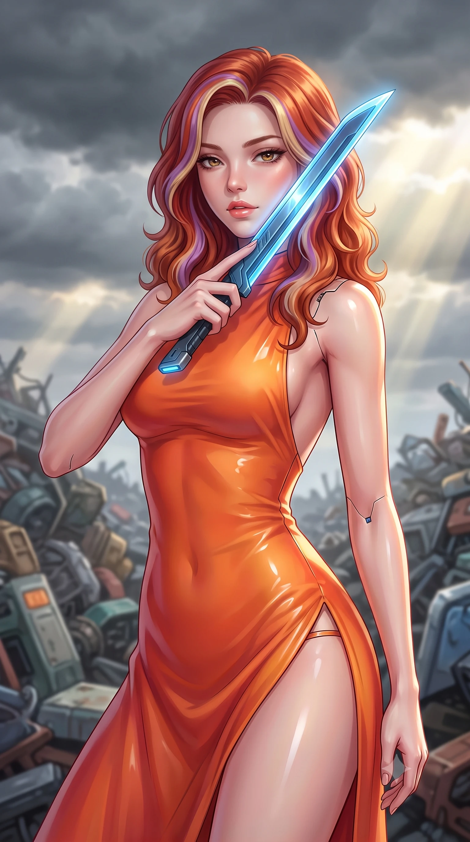 score_9, masterpiece, best quality, ultra-detailed, high-budget anime keyframe, editorial fashion photography, tasteful artistic composition, Caucasian woman. close-up cowboy shot from the waist and thighs up, the character dominates the composition, filling the frame with her large presence, background elements kept in soft focus. pressing the flat side of a glowing vibro-blade against her cheek, locking eyes with the viewer with bedroom-eyes, the background shows a soft-focus a scrap yard salvage heap under a low sky filled with heavy grey storm clouds. She has an exceptionally elegant, slender, and willowy female figure with an ultra-slim waist, a gracefully sculpted slender torso, and a refined silhouette. sharp v-shaped jawline, high-bridge nose, intricate jewel-like eyes with depth, thick eyelashes, glossy lips with a natural sheen. wearing a form-contouring high-slit space combat gown in sunset orange chiffon, featuring a daring thigh-slit and an open-back design. bright morning sun rays slicing through cloud gaps, creating sharp reflections. highly saturated vibrant anime colors, detailed shading with soft gradients, rich glossy textures, high-contrast stereoscopic depth, volumetric dynamic lighting, master piece, 9:16 ratio