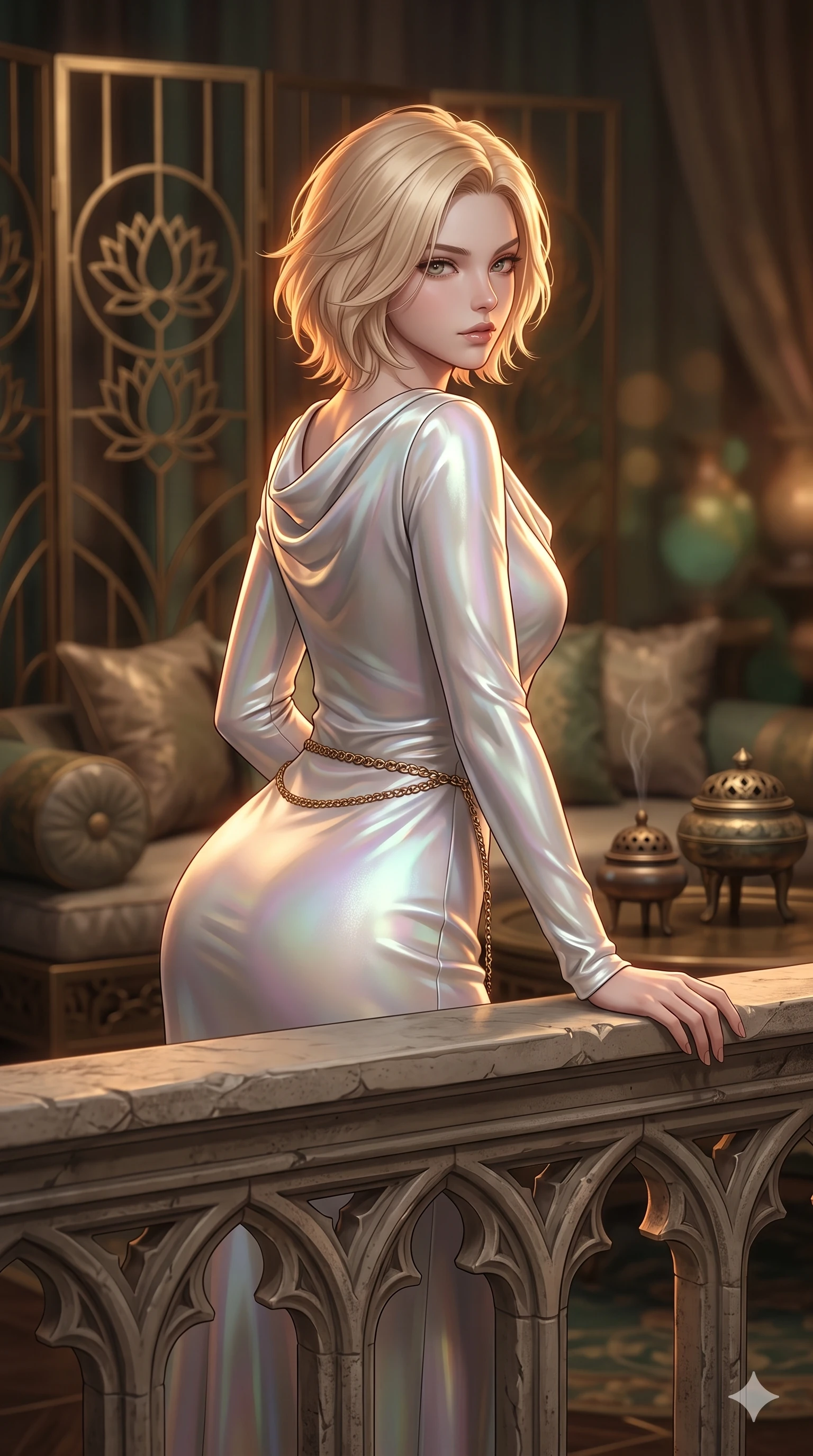 score_9, masterpiece, best quality, ultra-detailed, high-budget anime keyframe, semi-realistic 3D game render, editorial fashion photography, tasteful artistic composition, Caucasian woman. close-up cowboy shot from the waist and thighs up, the character dominates the composition, filling the frame with her large presence. leaning forward over the carved stone gothic balustrade, looking back with sleepy seductive bedroom-eyes as water reflections dance across her silhouette while twisting her slender torso in an alluring contrapposto stance, intricate brass shadow patterns and golden chandeliers tracing her narrow waist and curvy hips. The background shows a soft-focus towering geometric brass screens with lotus motifs, embroidered raw-silk divan cushions, and antique bronze incense burners blurred into bronze, gold, and jade bokeh. She has an exceptionally elegant, slender, and willowy female figure with an ultra-slim waist, flat toned midriff, narrow ribcage, and sculpted feminine hips creating an alluring, slim hourglass silhouette without bulk. sharp v-shaped jawline, high-bridge nose, intricate jewel-like sparkling eyes with depth, thick eyelashes, glossy parted lips with a natural sheen, intensely captivating and seductive bedroom-eyes expression, exuding both youthful cute charm and sovereign luxury allure, flawlessly proportioned anatomical accuracy, strict slender model proportions, natural body alignment, perfectly sculpted long slender limbs, ultra-slim waistline, clean dynamic posture without body distortion. wearing a modest long-sleeve cowl-neck satin column gown draping gracefully to the floor with aristocratic poise in iridescent mother-of-pearl and liquid molten silver, woven from high-density tech-wool with subtle metallic thread weave, accented with a delicate gold chain belt resting loosely on her curvy hips, the impeccably tailored cut draping gracefully along her slender figure with aristocratic poise. illuminated by black lacquer floor reflections and sharp gold-amber rim lights sculpting her razor-sharp jawline, narrow waist, and curvy hips. highly saturated vibrant anime colors, detailed shading with soft gradients, rich glossy textures, high-contrast stereoscopic depth, volumetric dynamic lighting, master piece, 9:16 ratio