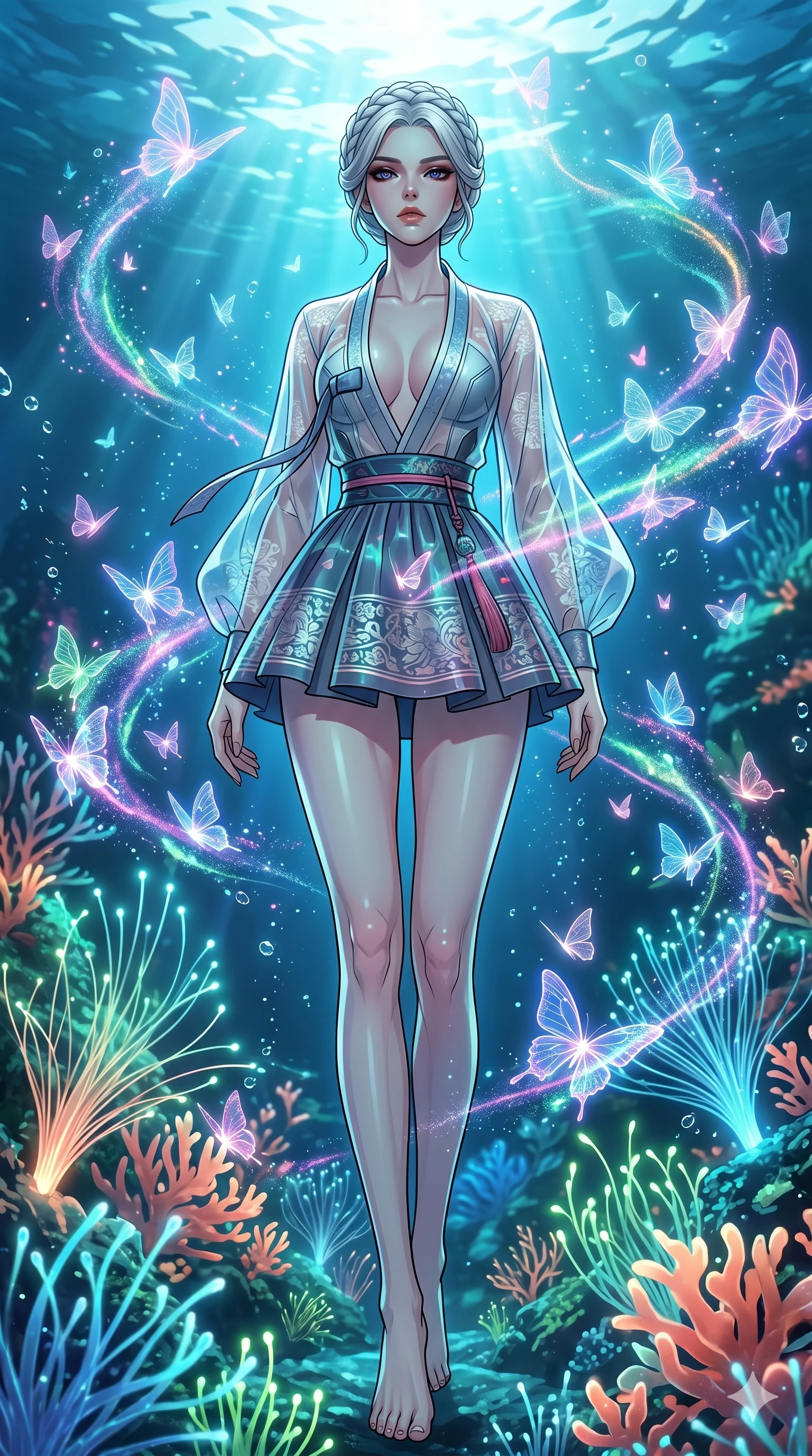 score_9, masterpiece, best quality, ultra-detailed, High-budget Anime Keyframe, vibrant colors, fluid line-art, expressive lighting, cinematic composition, Ufotable-style visual effects, top-tier animation quality, Korean woman with idol-like refined features. Low angle cowboy shot filling the entire 9:16 frame with her statuesque presence, looking up to emphasize her height. Surrounded by a swarm of digital butterflies that leave trails of neon dust. She has an absolutely perfect 8-heads proportion, an exceptionally tall and slender female figure with impossibly long slender legs and an ultra-slim waist, her statuesque height and towering silhouette dominating the vertical 9:16 frame. Her face is a masterpiece featuring a sharp v-shaped jawline, high-bridge nose, intricate jewel-like eyes with depth, thick eyelashes, and glossy lips with a natural sheen. She is wearing a Shortened cyber-hanbok skirt with a transparent jeogori, deep plunging neckline, and traditional silk patterns printed on modern tech-fabrics.. The scene is set in an underwater Eden where the plants are made of light and fiber-optics. 2k, ultra detail, master piece, 9:16 ratio