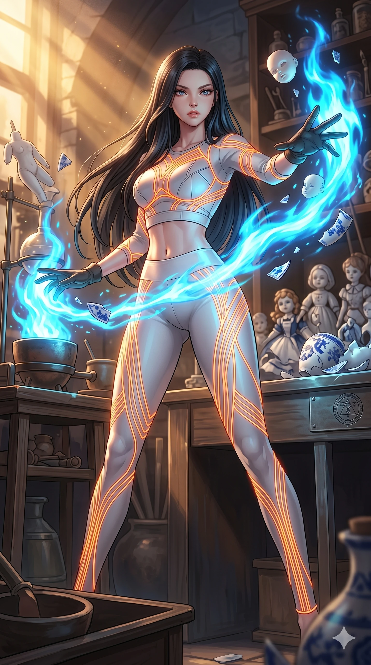score_9, masterpiece, best quality, ultra-detailed, high-budget anime keyframe, Japanese woman. low angle full-body shot filling the entire 9:16 frame with her statuesque presence, stretching the vertical silhouette. assisting in an alchemical porcelain workshop where floating white bisque doll parts and blue porcelain shards swirl amidst blue alchemical flames. She has an absolutely perfect 8-heads proportion, an exceptionally tall and slender female figure with impossibly long slender legs and an ultra-slim waist. V-shaped jawline, high-bridge nose, intricate jewel-like eyes with depth, thick eyelashes, glossy lips with a natural sheen.. wearing a neon filament athleisure set, featuring a tight white crop top and matching leggings woven with glowing orange neon filaments, highlighting her slender body contour. showcasing a beautiful play of light and shadow, with warm golden rays clashing against cool cyan highlights. 2k, ultra detail, master piece, 9:16 ratio