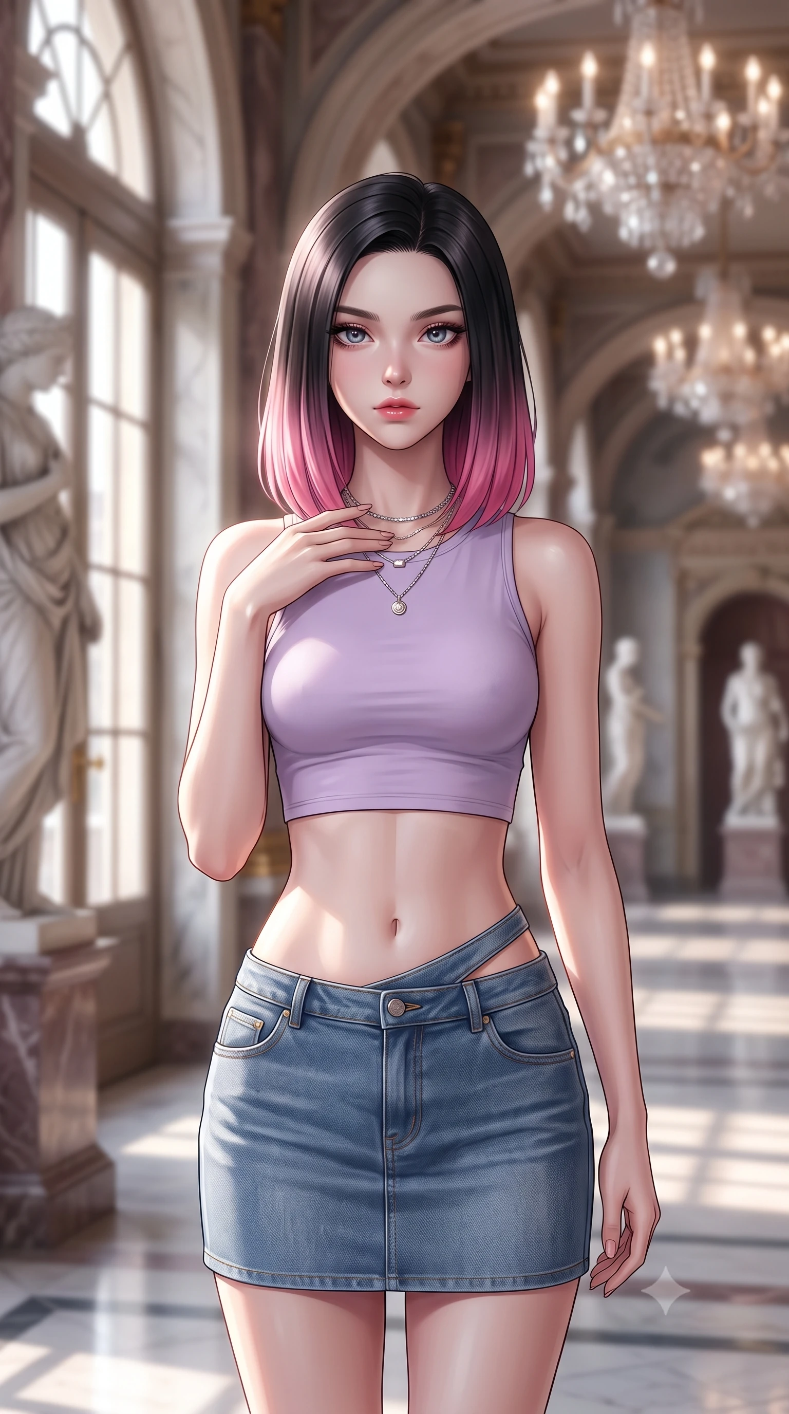 score_9, masterpiece, best quality, ultra-detailed, high-budget anime keyframe, editorial fashion photography, tasteful artistic composition, Korean woman. close-up cowboy shot from the waist and thighs up, the character dominates the composition, filling the frame with her large presence, background elements kept in soft focus. standing with one hand resting on her collarbone, looking at the viewer with bedroom-eyes the background shows a soft-focus the entrance lobby of a historic theater with marble statues and archways. She has an exceptionally elegant, slender, and willowy female figure with an ultra-slim waist, a gracefully sculpted slender torso, and a refined silhouette. sharp v-shaped jawline, high-bridge nose, intricate jewel-like eyes with depth, thick eyelashes, glossy lips with a natural sheen. wearing a slim-fit modern crop top in lavender cotton paired with a low-rise denim skirt and a subtle waist cut-out. crisp morning sunlight filtering through high glass doors, casting elegant shadows. ultra-reflective glossy finish, specular highlights, metallic sheen, high-contrast stereoscopic depth, volumetric dynamic lighting, 2k, ultra detail, master piece, 9:16 ratio