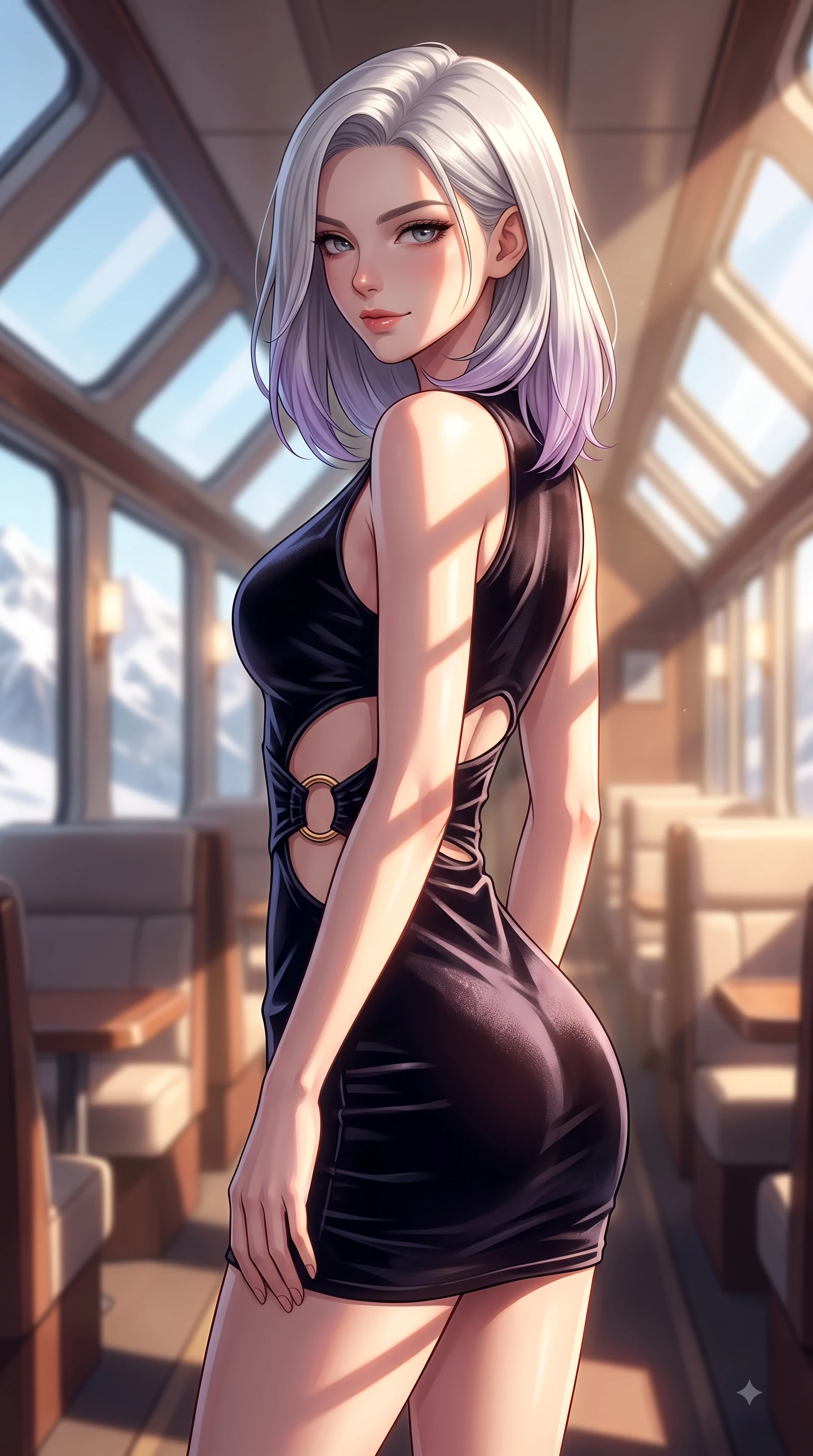 score_9, masterpiece, best quality, ultra-detailed, high-budget anime keyframe, editorial fashion photography, tasteful artistic composition, Caucasian woman woman. close-up cowboy shot from the waist and thighs up, the character dominates the composition, filling the frame with her large presence, background elements kept in soft focus. She has an exceptionally elegant, slender, and willowy female figure with an ultra-slim waist, a gracefully sculpted slender torso, and a refined silhouette. glancing sidelong over her shoulder with a smoldering, magnetic half-smile, flawlessly proportioned anatomical accuracy, natural body alignment, perfectly sculpted elegant limbs, clean dynamic posture without body distortion. set against a soft-focus background of a winding luxury train lounge car showing snowy alpine peaks. wearing a slitted cutout bodycon mini dress in dark velvet with gold ring hardware framing her waist. bathed in crisp alpine morning sunbeams slicing through panoramic window glass. highly saturated vibrant anime colors, detailed shading with soft gradients, rich glossy textures, high-contrast stereoscopic depth, volumetric dynamic lighting, master piece, 9:16 ratio
