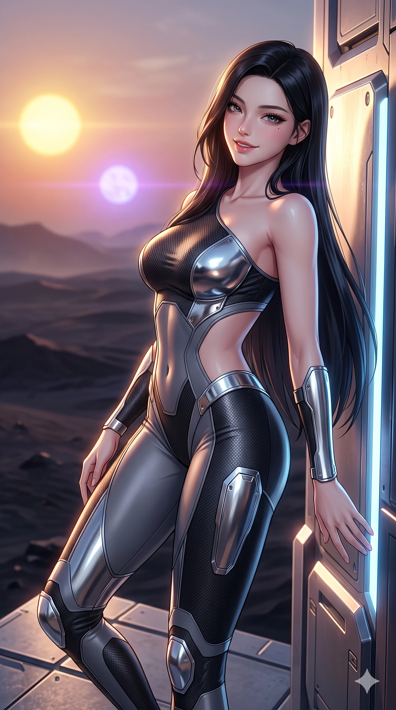 score_9, masterpiece, best quality, ultra-detailed, high-budget anime keyframe, semi-realistic 3D game render, editorial fashion photography, tasteful artistic composition, Korean woman. close-up cowboy shot from the waist and thighs up, the character dominates the composition, filling the frame with her large presence. leaning back against the glowing maintenance bulkhead with relaxed seductive grace, her flat midriff and narrow waist highlighted as laser ambient light traces her curves while leaning against a floating geometric metal shard with hips cocked back, casting an alluring bedroom-gaze over the twin-sun sunset. The background shows a soft-focus planetary dust haze softened in alien obsidian desert shallow focus. She has an exceptionally elegant, slender, and willowy female figure with an ultra-slim waist, flat toned midriff, narrow ribcage, and sculpted feminine hips creating an alluring, slim hourglass silhouette without bulk. sharp v-shaped jawline, high-bridge nose, intricate jewel-like sparkling eyes with depth, thick eyelashes, glossy parted lips with a natural sheen, bright confident smile with an enchanting and coquettish sensual glint, exuding both youthful magnetic charm and sovereign high-tech allure, flawlessly proportioned anatomical accuracy, strict slender model proportions, natural body alignment, perfectly sculpted long slender limbs, ultra-slim waistline, clean dynamic posture without body distortion. wearing an asymmetric one-shoulder combat catsuit with carbon-weave paneling and an open-waist architecture emphasizing her hips in reflective liquid mercury and matte phantom grey, woven from buttery-soft stretch lambskin leather adhering to her body like a second skin, accented with strategically placed chrome armor plate guards covering key curves, the glove-like clinging cut tightly following the natural contour of her hips and long slender legs with youthful 8.5-heads elegance. bathed in the dramatic dual illumination of a golden-yellow sun and a violet-dwarf companion star creating double rim lights. highly saturated vibrant anime colors, detailed shading with soft gradients, rich glossy textures, high-contrast stereoscopic depth, volumetric dynamic lighting, master piece, 9:16 ratio