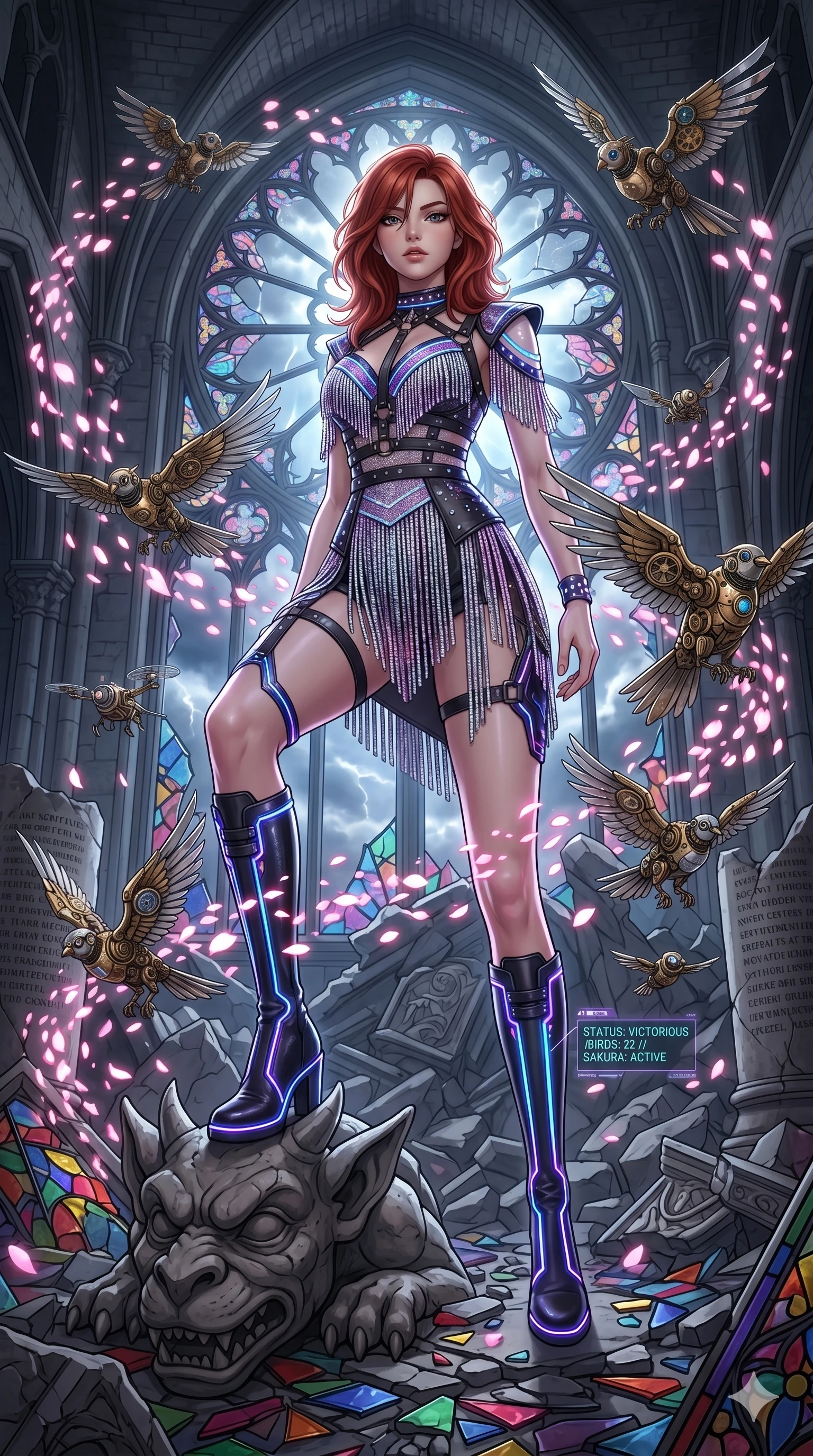 score_9, masterpiece, best quality, ultra-detailed, Set A: High-budget Anime Keyframe, Japanese woman. Low angle cowboy shot filling the entire 9:16 frame with her statuesque presence. Standing victoriously through a shattered glass cathedral, surrounded by a whirlwind of 22 mechanical birds and surrounded by digital sakura petals. She has an absolutely perfect 8-heads proportion, an exceptionally tall and slender female figure with impossibly long slender legs and an ultra-slim waist. Sharp v-shaped jawline, high-bridge nose, intricate jewel-like eyes with depth, thick eyelashes, glossy lips with a natural sheen. Wearing Cyberpunk idol stage outfit with glittery fringes, leather straps, and glowing LED accents. Cinematic lighting, vibrant colors, dramatic shadows, 2k, ultra detail, master piece, 9:16 ratio