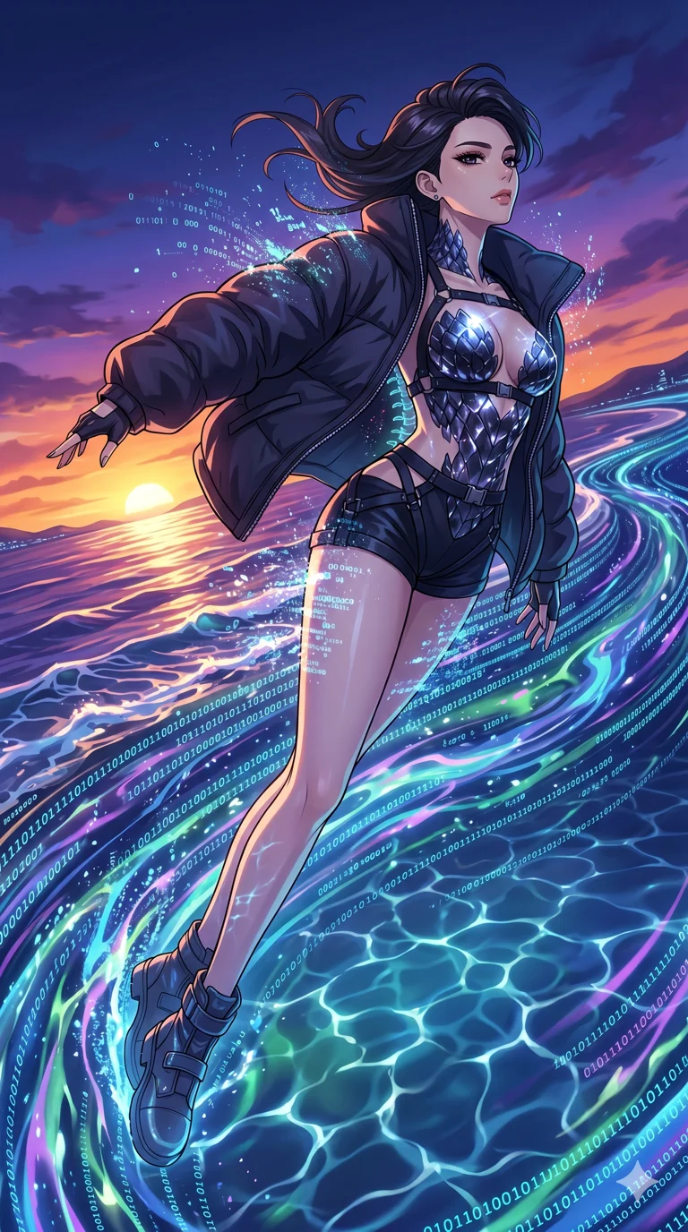 score_9, masterpiece, best quality, ultra-detailed, High-budget Anime Keyframe, vibrant colors, fluid line-art, expressive lighting, cinematic composition, Ufotable-style visual effects, top-tier animation quality, Korean woman with idol-like refined features. Dramatic low angle looking up at her majestic stature, dominating the vertical space of the composition. Diving into a vast sea of digital code and liquid light, her form becoming one with the stream of information. She has an absolutely perfect 8-heads proportion, an exceptionally tall and slender female figure with impossibly long slender legs and an ultra-slim waist, her statuesque height and towering silhouette dominating the vertical 9:16 frame. Her face is a masterpiece featuring a sharp v-shaped jawline, high-bridge nose, intricate jewel-like eyes with depth, thick eyelashes, and glossy lips with a natural sheen. She is wearing a Oversized puffer jacket worn over a micro-shorts and harness set, unzipped to reveal her chest crafted from Obsidian-glass scales that shimmer with a dark, crystalline brilliance, boasting shoulder cut-outs and a glowing spinal interface visible through the back. The scene is set in a vibrant sunset over a futuristic crystalline ocean with waves made of liquid light, illuminated by underwater caustic lighting with ripples of light dancing across her body. 2k, ultra detail, master piece, 9:16 ratio