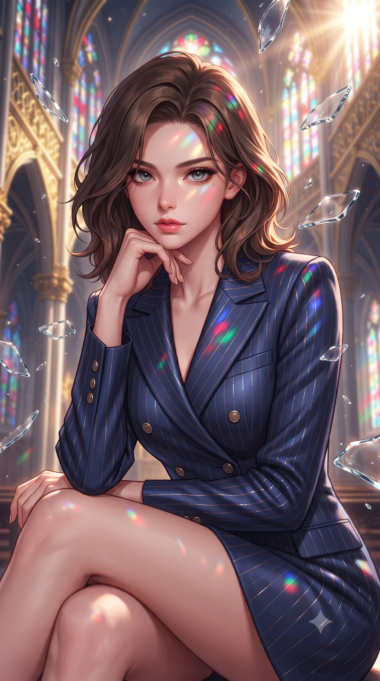 score_9, masterpiece, best quality, ultra-detailed, high-budget anime keyframe, editorial fashion photography, tasteful artistic composition, Korean woman. close-up cowboy shot from the waist and thighs up, the character dominates the composition, filling the frame with her large presence, background elements kept in soft focus. Resting her chin on the backs of her fingers, casting a sharp, mysterious gaze leaping through shattered liquid glass fragments in a illuminated cathedral, golden filigree details on the architecture shining with brilliant luster. She has an exceptionally elegant, slender, and willowy female figure with an ultra-slim waist, a gracefully sculpted slender torso, and a refined silhouette. sharp v-shaped jawline, high-bridge nose, intricate jewel-like eyes with depth, thick eyelashes, glossy lips with a natural sheen. wearing a tailored double-breasted blazer dress in navy with subtle metallic pin-stripes, the elegant draped fit framing her graceful clavicle and slender torso. lit by bright sunbursts creating vivid, saturated color projections. highly saturated vibrant anime colors, detailed shading with soft gradients, rich glossy textures, high-contrast stereoscopic depth, volumetric dynamic lighting, master piece, 9:16 ratio