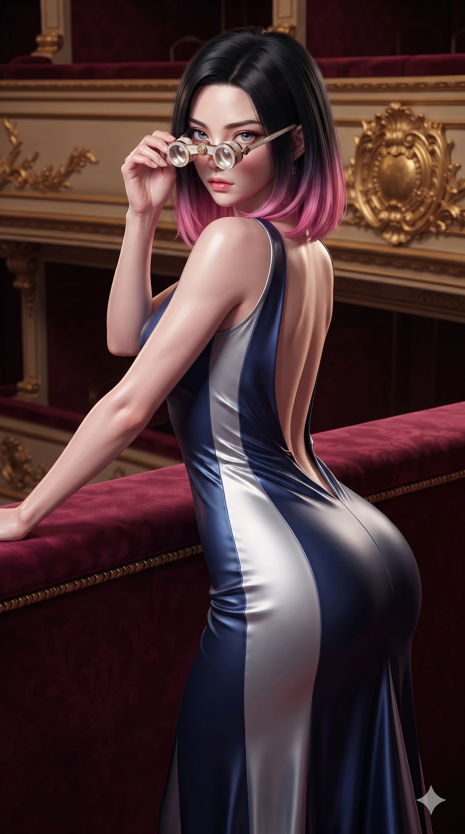 score_9, masterpiece, best quality, ultra-detailed, high-budget anime keyframe, semi-realistic 3D game render, editorial fashion photography, tasteful artistic composition, Korean woman. close-up cowboy shot from the waist and thighs up, the character dominates the composition, filling the frame with her large presence. leaning back with relaxed seductive grace, her sculpted collarbones and narrow waist highlighted as she casts smoldering bedroom-eyes directly into the camera while leaning against the velvet-cushioned box balustrade with hips cocked back, looking through pearl opera glasses with intoxicating, teasing bedroom-eyes. The surrounding environment is rendered in vivid detail and crisp panoramic clarity: sharp crushed velvet balustrade piping, mother-of-pearl opera glass casings, and crisp gilded cartouche relief in deep focus. She has an exceptionally elegant, slender, and willowy female figure with an ultra-slim waist, flat toned midriff, narrow ribcage, and sculpted feminine hips creating an alluring, slim hourglass silhouette without bulk. sharp v-shaped jawline, high-bridge nose, intricate jewel-like eyes with depth, thick eyelashes, glossy parted lips with a natural sheen, intensely captivating and seductive bedroom-eyes expression, flawlessly proportioned anatomical accuracy, strict slender model proportions, natural body alignment, perfectly sculpted long slender limbs, ultra-slim waistline, clean dynamic posture without body distortion. wearing a liquid-silk jersey evening gown with an ultra-deep plunging open back descending to the base of her spine and a sculpted hip-hugging skirt in midnight sapphire and polished liquid silver, crafted from fluid liquid silk satin that clings smoothly to her narrow waist and rounded hips with a dewy sheen, finished with sleek magnetic buckle closures fluttering in the breeze, the glove-like clinging cut tightly following the natural contour of her hips and long slender legs with youthful 8.5-heads elegance. illuminated by gilded wood reflection bounce and sharp starlight-gold rim lights defining her jawline, narrow waist, and curvy hips. highly saturated vibrant anime colors, detailed shading with soft gradients, rich glossy textures, high-contrast stereoscopic depth, volumetric dynamic lighting, master piece, 9:16 ratio