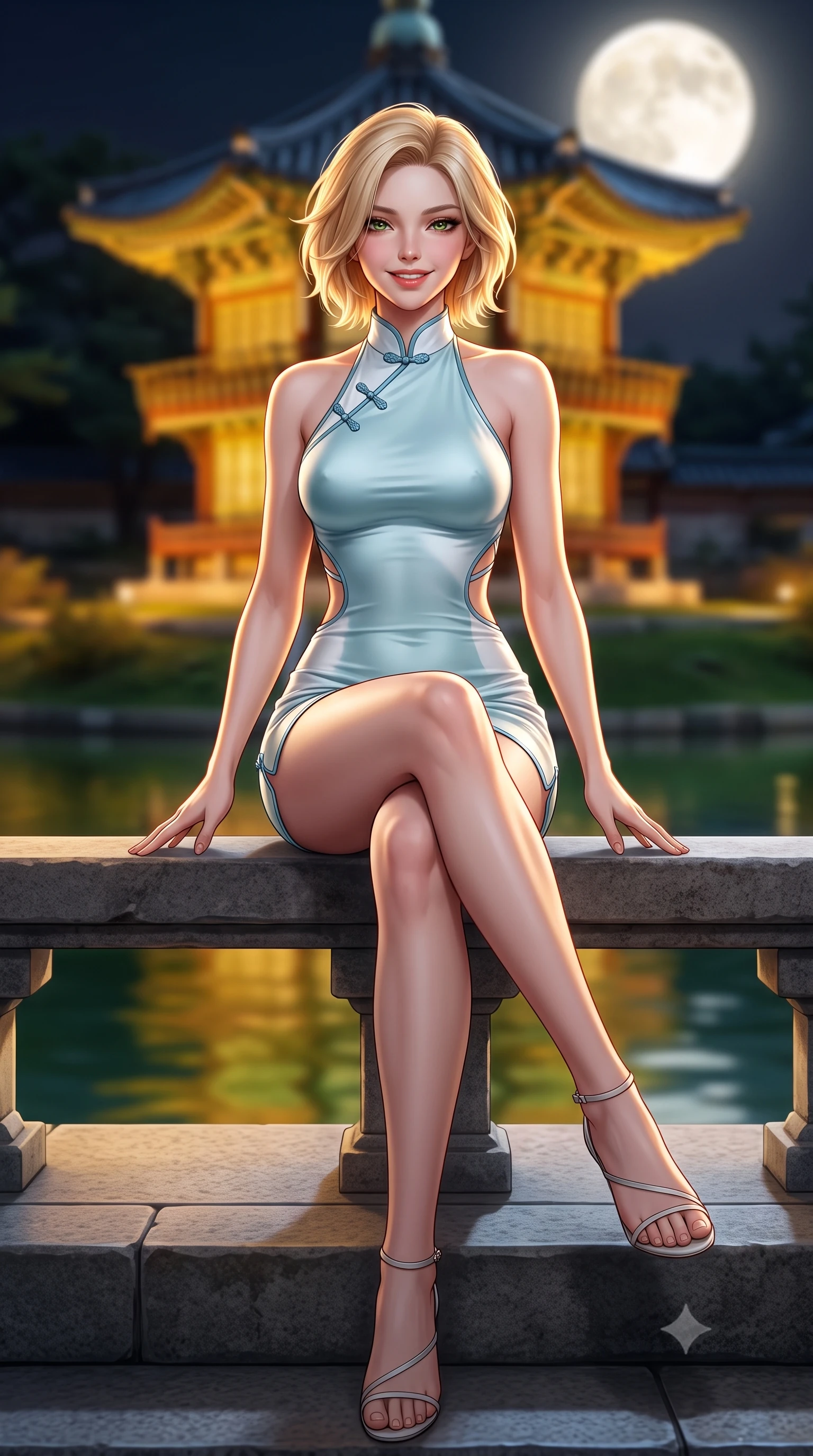 score_9, masterpiece, best quality, ultra-detailed, high-budget anime keyframe, semi-realistic 3D game render, editorial fashion photography, tasteful artistic composition, Caucasian woman. low angle full-body shot from head to toe showing her feet, filling the entire 9:16 vertical frame with her statuesque presence, stretching her vertical silhouette. sitting perched on the elevated pavilion terrace edge with legs crossed and hips angled toward the camera, displaying her toned midriff and long slender limbs with joyful, coquettish charm while sitting poised on the stone steps of the island pavilion with legs crossed, her modern fusion hanbok trailing gracefully across ancient granite. The background shows a soft-focus the two-story hexagonal Hyangwonjeong pavilion illuminated in warm gold across still pond waters blurred into gold, jade, and dark obsidian bokeh. She has an absolutely perfect, statuesque 8.5-heads proportion, an exceptionally tall and slender model-like female figure with impossibly long slender legs, an ultra-slim waist, a flat toned midriff, narrow delicate ribcage, and beautifully sculpted feminine hips creating a graceful, slim hourglass silhouette without any bulky heaviness. sharp v-shaped jawline, high-bridge nose, intricate jewel-like dark sparkling almond eyes with depth, thick lashes, glossy parted lips with a natural rose-plum sheen, bright alluring and coquettish smile with bedroom-eyes, exuding both timeless oriental elegance and sovereign high-fashion allure, flawlessly proportioned anatomical accuracy, strict slender model proportions, natural body alignment, perfectly sculpted long slender limbs, ultra-slim waistline, clean dynamic posture without body distortion. wearing a backless halter qipao mini dress with delicate frog-button closures and side waist cutouts framing her hourglass curves in pure celadon porcelain blue and cloud white, made of supple second-skin stretch silk jersey clinging flawlessly to her form, finished with criss-cross back satin laces tracing her slender spine, the form-fitting tailored bodice adhering flawlessly to her sculpted flat midriff and slender torso, emphasizing her long leg lines and perfectly proportioned willowy build. illuminated by full moon celestial rays and sharp warm-gold rim lights defining her sculpted collarbones, ultra-slim waist, and curvy hips. highly saturated vibrant anime colors, detailed shading with soft gradients, rich glossy textures, high-contrast stereoscopic depth, volumetric dynamic lighting, master piece, 9:16 ratio