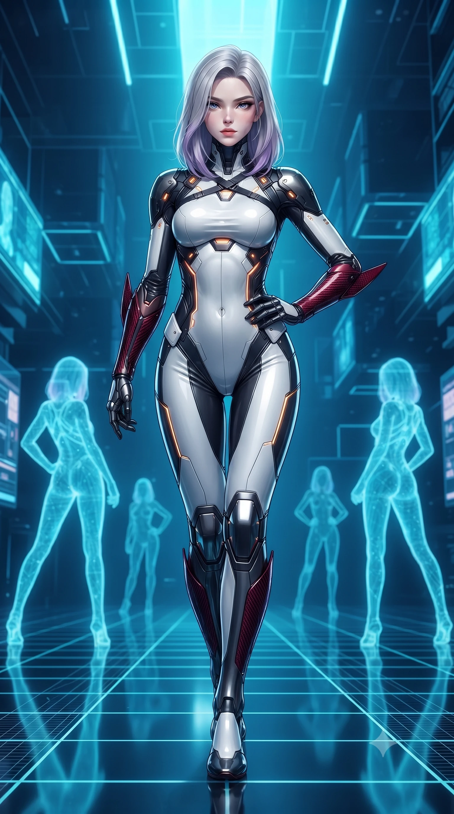 score_9, masterpiece, best quality, ultra-detailed, high-budget anime keyframe, editorial fashion photography, tasteful artistic composition, Caucasian woman. low angle full-body shot from head to toe showing her feet, filling the entire 9:16 vertical frame with her statuesque presence, stretching her vertical silhouette. striding forward with sovereign warrior elegance in a low, predatory combat advance, hips swaying with fierce athletic poise from head to toe while resting one hand along her slender hip while gazing into the lens with an omniscient, dangerous martial smolder. The surrounding environment is rendered in vivid detail and crisp panoramic clarity. razor-sharp quantum grid line geometries, distinct holographic after-image silhouettes, and black glass in deep focus. She has an absolutely perfect, statuesque 8.5-heads proportion, an exceptionally tall and slender model-like female figure with impossibly long slender legs, a toned flat midriff, and an ultra-slim waist. sharp v-shaped jawline, high-bridge nose, intricate jewel-like eyes with depth, thick eyelashes, glossy lips with a natural sheen, flawlessly proportioned anatomical accuracy, strict slender model proportions, natural body alignment, perfectly sculpted long slender limbs, ultra-slim waistline, clean dynamic posture without body distortion. wearing a high-contrast monochrome white-and-black carbon-composite exoskeleton suit with glowing amber circuitry and aerodynamic limb fins in deep crimson carbon weave with specular dark chrome accents, crafted from ultra-strong woven carbon-fiber composite with a satin luster, complemented by criss-cross back harness straps highlighting her completely bare spine, the liquid-tight tailored fabric emphasizing every curve of her tall, slender model proportions and sculptured silhouette during dynamic movement. bathed in glowing electric sapphire and cyan data stream illumination with rich ambient blue fill. ultra-reflective glossy finish, specular highlights, dark metallic sheen, high-contrast stereoscopic depth, volumetric dynamic lighting, 2k, ultra detail, master piece, 9:16 ratio