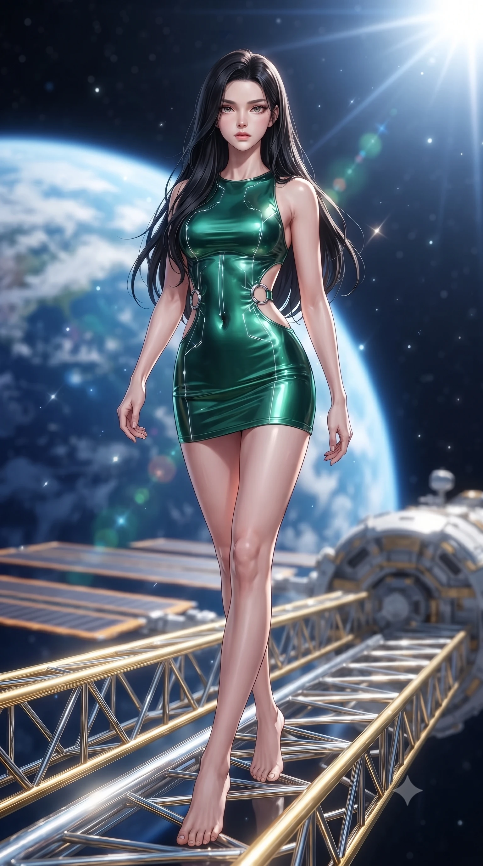 score_9, masterpiece, best quality, ultra-detailed, high-budget anime keyframe, editorial fashion photography, tasteful artistic composition, Korean woman. low angle full-body shot from head to toe showing her feet, filling the entire 9:16 vertical frame with her statuesque presence, stretching her vertical silhouette. striding forward with commanding supermodel grace, her 8.5-heads statuesque silhouette dominating the vertical frame from head to toe while standing poised on the gold and chrome solar array truss of a massive orbital space station overlooking planet Earth. The composition keeps background elements in soft focus with creamy bokeh. brilliant solar flare rays and starlight scattering radiant light motes across a deep space backdrop. She has an absolutely perfect, statuesque 8.5-heads proportion, an exceptionally tall and slender model-like female figure with impossibly long slender legs, a toned flat midriff, and an ultra-slim waist. sharp v-shaped jawline, high-bridge nose, intricate jewel-like eyes with depth, thick eyelashes, glossy lips with a natural sheen, flawlessly proportioned anatomical accuracy, strict slender model proportions, natural body alignment, perfectly sculpted long slender limbs, ultra-slim waistline, clean dynamic posture without body distortion. wearing a high-gloss lacquer cyber-couture mini dress with an open-back architectural cut and subtle glowing micro-filaments in radiant emerald green circuit lines and polished silver sheen, made of liquid jersey fabric that clings flawlessly to every contour of her build, detailed with polished silver rings connecting the daring side-waist cutouts, the form-contouring material adhering flawlessly to her sculpted flat midriff and slender torso, emphasizing her long leg lines and perfectly proportioned willowy build. bathed in dazzling high-noon orbital sunlight and rich blue planetary ambient bounce light. ultra-reflective glossy finish, specular highlights, dark metallic sheen, high-contrast stereoscopic depth, volumetric dynamic lighting, 2k, ultra detail, master piece, 9:16 ratio