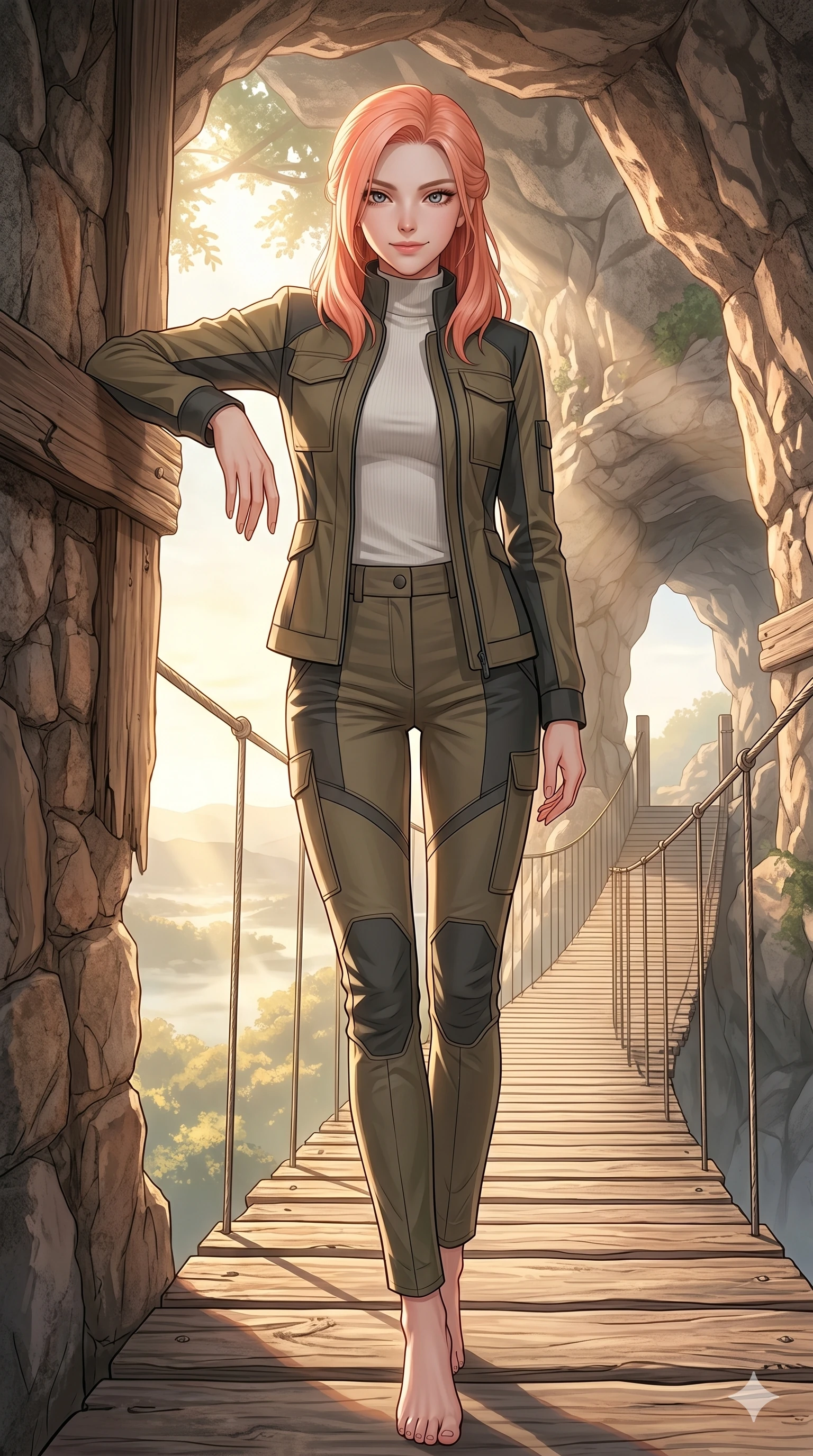 score_9, masterpiece, best quality, ultra-detailed, high-budget anime keyframe, editorial fashion photography, tasteful artistic composition, Japanese woman. low angle full-body shot from head to toe showing her feet, filling the entire 9:16 vertical frame with her statuesque presence, stretching her vertical silhouette. leaning against the resort grotto wall, looking at the viewer with a mysterious smile on a wooden suspension bridge overlooking a sunlit valley at dawn (Code-P19-050). She has an absolutely perfect 8-heads proportion, an exceptionally tall and slender female figure with impossibly long slender legs and an ultra-slim waist. V-shaped jawline, high-bridge nose, intricate jewel-like eyes with depth, thick eyelashes, glossy lips with a natural sheen. wearing a structured high-neck utility jacket over a high-neck top and matching trousers. drenched in soft morning sunbeams flowing through the resort canopy, creating a serene mood. 2k, ultra detail, master piece, 9:16 ratio