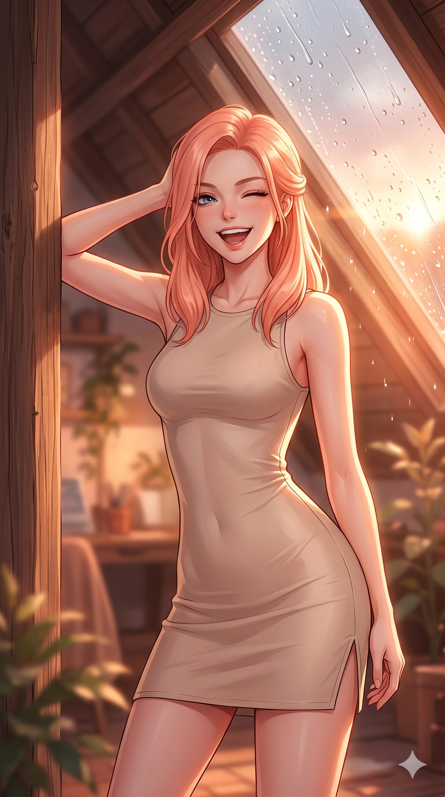 score_9, masterpiece, best quality, ultra-detailed, high-budget anime keyframe, vibrant anime aesthetic, Japanese woman. close-up cowboy shot from the waist and thighs up, the character dominates the composition, filling the frame with her large presence, background elements kept in soft focus. She is leaning against a greenhouse frame, winking and laughing happily, her eyes glowing with lively energy leaning against a rustic wooden column. the background shows a soft-focus cozy attic studio with a large skylight pane covered in sliding rain droplets, bathed in soft warm light (Code-P22-104). She has an absolutely perfect proportion, an exceptionally elegant and slender female figure with an ultra-slim waist. V-shaped jawline, high-bridge nose, intricate jewel-like eyes with depth, thick eyelashes, glossy lips with a natural sheen. wearing a sleek bodycon dress featuring refined side vent accents in soft beige. She is drenched in bright, warm sun showers, casting sharp highlights on the raindrops, creating a warm, inviting, and atmospheric glow during the twilight rain. 2k, ultra detail, master piece, 9:16 ratio
