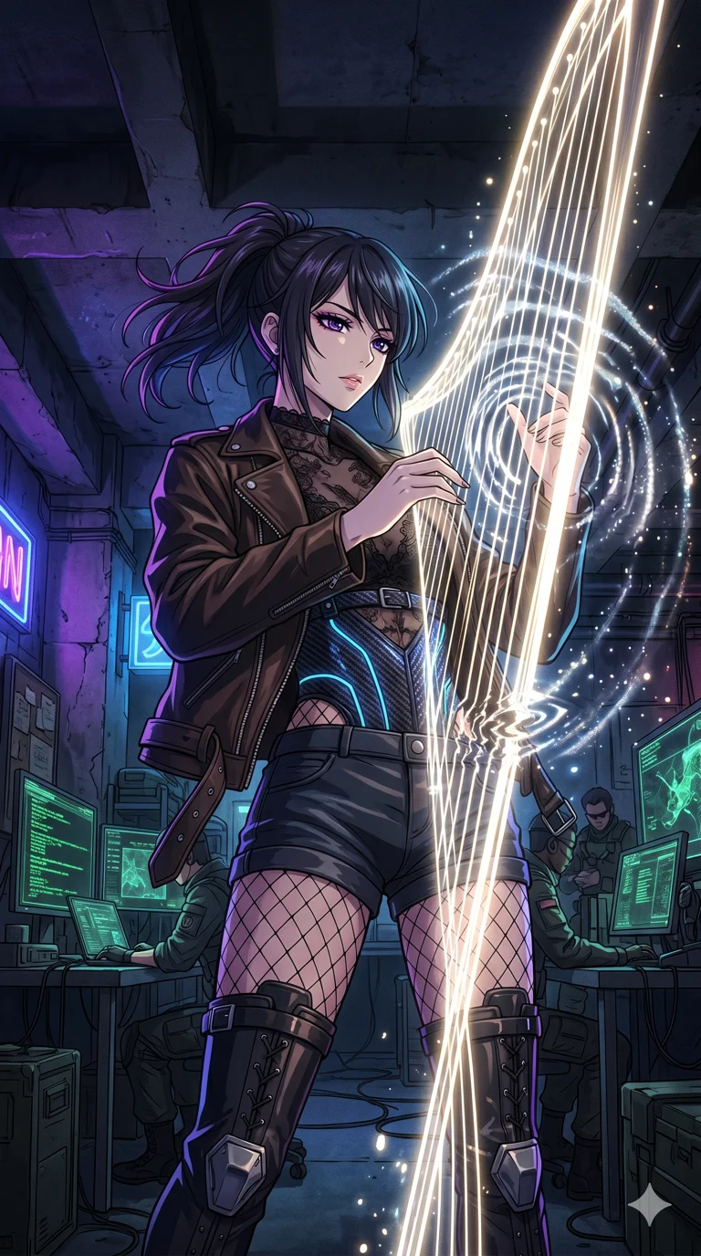 score_9, masterpiece, best quality, ultra-detailed, High-budget Anime Keyframe, vibrant colors, fluid line-art, expressive lighting, cinematic composition, Ufotable-style visual effects, top-tier animation quality, Japanese woman with delicate and elegant anime-inspired features. Dynamic full-body shot stretching the vertical silhouette, capturing her from a powerful low-angle perspective. Playing a celestial harp made of strings of pure light, the music creating ripples in the atmosphere around her. She has an absolutely perfect 8-heads proportion, an exceptionally tall and slender female figure with impossibly long slender legs and an ultra-slim waist, her statuesque height and towering silhouette dominating the vertical 9:16 frame. Her face is a masterpiece featuring a sharp v-shaped jawline, high-bridge nose, intricate jewel-like eyes with depth, thick eyelashes, and glossy lips with a natural sheen. She is wearing a Unzipped deeply leather jacket over a delicate sheer lace bra and a high-waisted harness crafted from Carbon-fiber weave with a high-tech matte finish and integrated glowing filaments, accompanied by sensual fishnet stockings and thigh-high metallic boots. The scene is set in an underground rebel bunker with flickering holographic screens and tactical maps, illuminated by harsh neon light and deep shadows creating a high-contrast noir aesthetic. 2k, ultra detail, master piece, 9:16 ratio