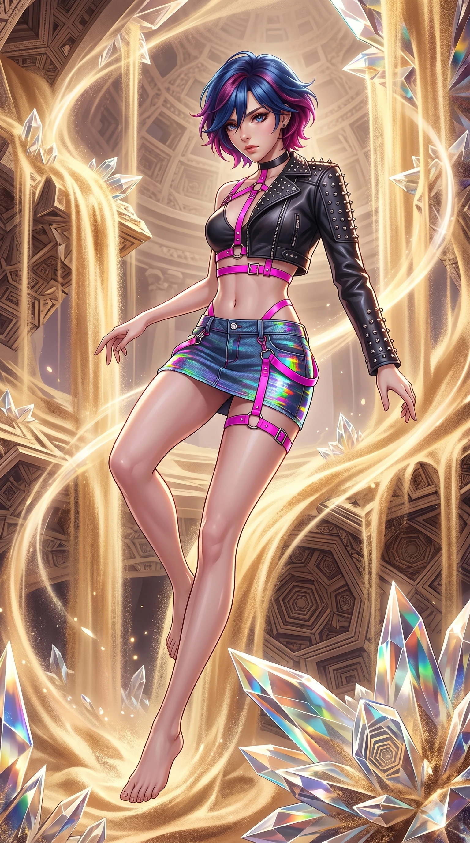 score_9, masterpiece, best quality, ultra-detailed, high-budget anime keyframe, Korean woman. upper body close-up from the thighs up, character filling the screen for maximum presence. descending through a fractal quicksand temple where golden sand waterfalls transform into glass crystals, revealing intricate repeating patterns. She has an absolutely perfect 8-heads proportion, an exceptionally tall and slender female figure with impossibly long slender legs and an ultra-slim waist. V-shaped jawline, high-bridge nose, intricate jewel-like eyes with depth, thick eyelashes, glossy lips with a natural sheen.. wearing a glitch denim and studded leather outfit, featuring an RGB glitch pattern denim micro-skirt, a single-sleeve cropped leather jacket, and neon pink harness straps. lit by a soft glowing ambient light and a sharp side key light that traces the sleek contours of her athletic build. 2k, ultra detail, master piece, 9:16 ratio