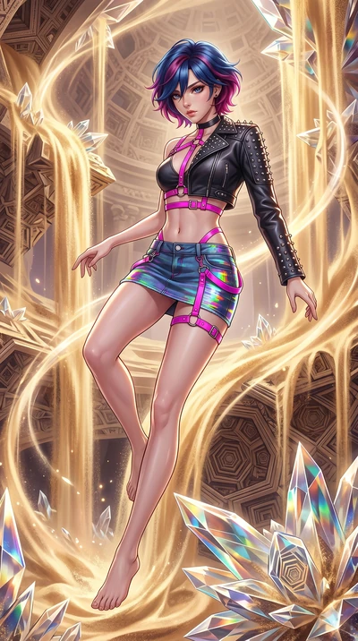 score_9, masterpiece, best quality, ultra-detailed, high-budget anime keyframe, Korean woman. upper body close-up from the thighs up, character filling the screen for maximum presence. descending through a fractal quicksand temple where golden sand w