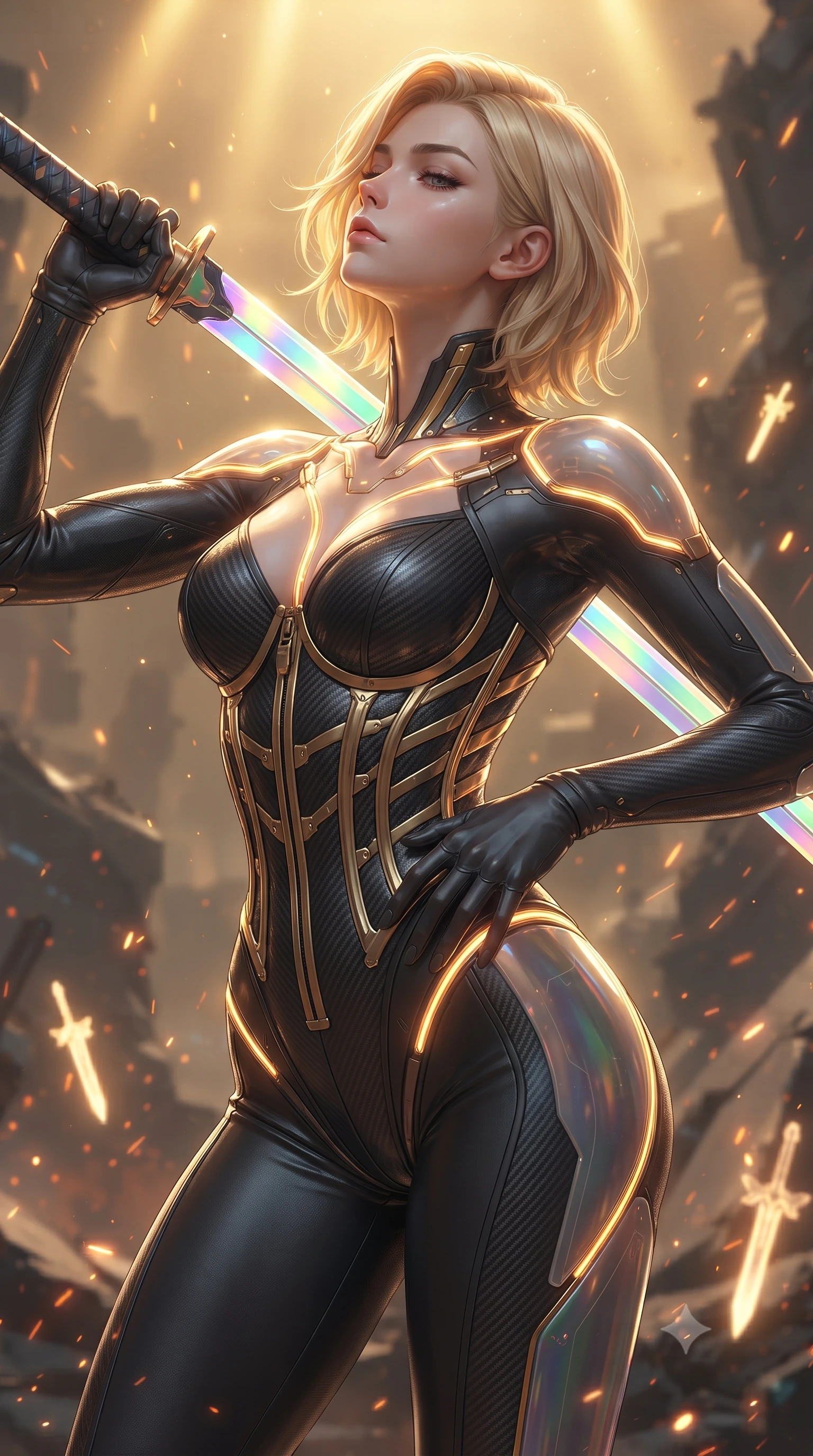 score_9, masterpiece, best quality, ultra-detailed, high-budget anime keyframe, editorial fashion photography, tasteful artistic composition, Caucasian woman. close-up cowboy shot from the waist and thighs up, the character dominates the composition, filling the frame with her large presence. tilting her head back with serene regal elegance, her sharp jawline and sculpted collarbones highlighted by glowing weapon energy reflections while resting one hand on her slender hip while looking down the edge of her massive weapon with haughty, captivating allure. The composition keeps background elements in soft focus with creamy bokeh. sparks and glowing sword glyphs scattering radiant light motes across a ruined futuristic backdrop. She has an exceptionally elegant, slender, and willowy female figure with an ultra-slim waist, a gracefully sculpted slender torso, toned flat midriff, and a refined slim silhouette. sharp v-shaped jawline, high-bridge nose, intricate jewel-like eyes with depth, thick eyelashes, glossy lips with a natural sheen, flawlessly proportioned anatomical accuracy, strict slender model proportions, natural body alignment, perfectly sculpted long slender limbs, ultra-slim waistline, clean dynamic posture without body distortion. wearing a precision-tailored high-fashion carbon-fiber corset bodysuit with gold mechanical rib boning, wielding a glowing energy katana with royal elegance in high-gloss iridescent rainbow carbon with prism holographic sheen, crafted from semi-translucent cybernetic carbon-vinyl interwoven with glowing micro-filaments, accented with glowing fiber-optic conduits tracing her collarbones and hip curves, the glove-like aerodynamic second-skin fit tightly clinging to her ultra-slender waist and athletic curves without adding bulk, accentuating her razor-sharp statuesque lines and slim hourglass silhouette. bathed in warm golden arena searchlights and glowing greatsword energy channel radiance. ultra-reflective glossy finish, specular highlights, dark metallic sheen, high-contrast stereoscopic depth, volumetric dynamic lighting, 2k, ultra detail, master piece, 9:16 ratio