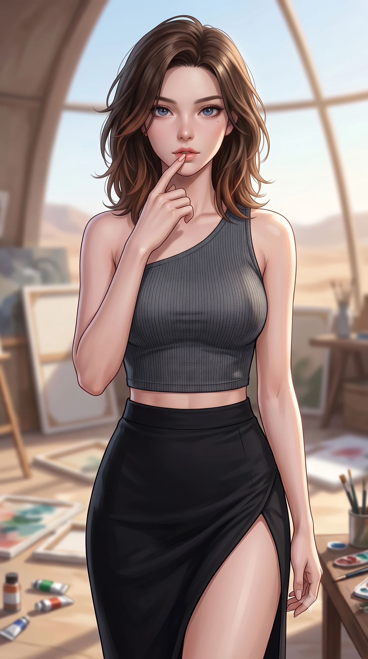 score_9, masterpiece, best quality, ultra-detailed, high-budget anime keyframe, editorial fashion photography, tasteful artistic composition, Korean woman. close-up cowboy shot from the waist and thighs up, the character dominates the composition, filling the frame with her large presence, background elements kept in soft focus. pressing one finger to her bottom lip in a thoughtful, seductive gesture under the warm sun the background shows a soft-focus a private Art studio dome in the desert filled with canvases and paints. She has an exceptionally elegant, slender, and willowy female figure with an ultra-slim waist, a gracefully sculpted slender torso, and a refined silhouette. sharp v-shaped jawline, high-bridge nose, intricate jewel-like eyes with depth, thick eyelashes, glossy lips with a natural sheen. wearing a form-contouring asymmetric one-shoulder crop top in charcoal knit, paired with a high-slit skirt. crisp North daylight casting soft, consistent lighting over the workspace. ultra-reflective glossy finish, specular highlights, metallic sheen, high-contrast stereoscopic depth, volumetric dynamic lighting, 2k, ultra detail, master piece, 9:16 ratio
