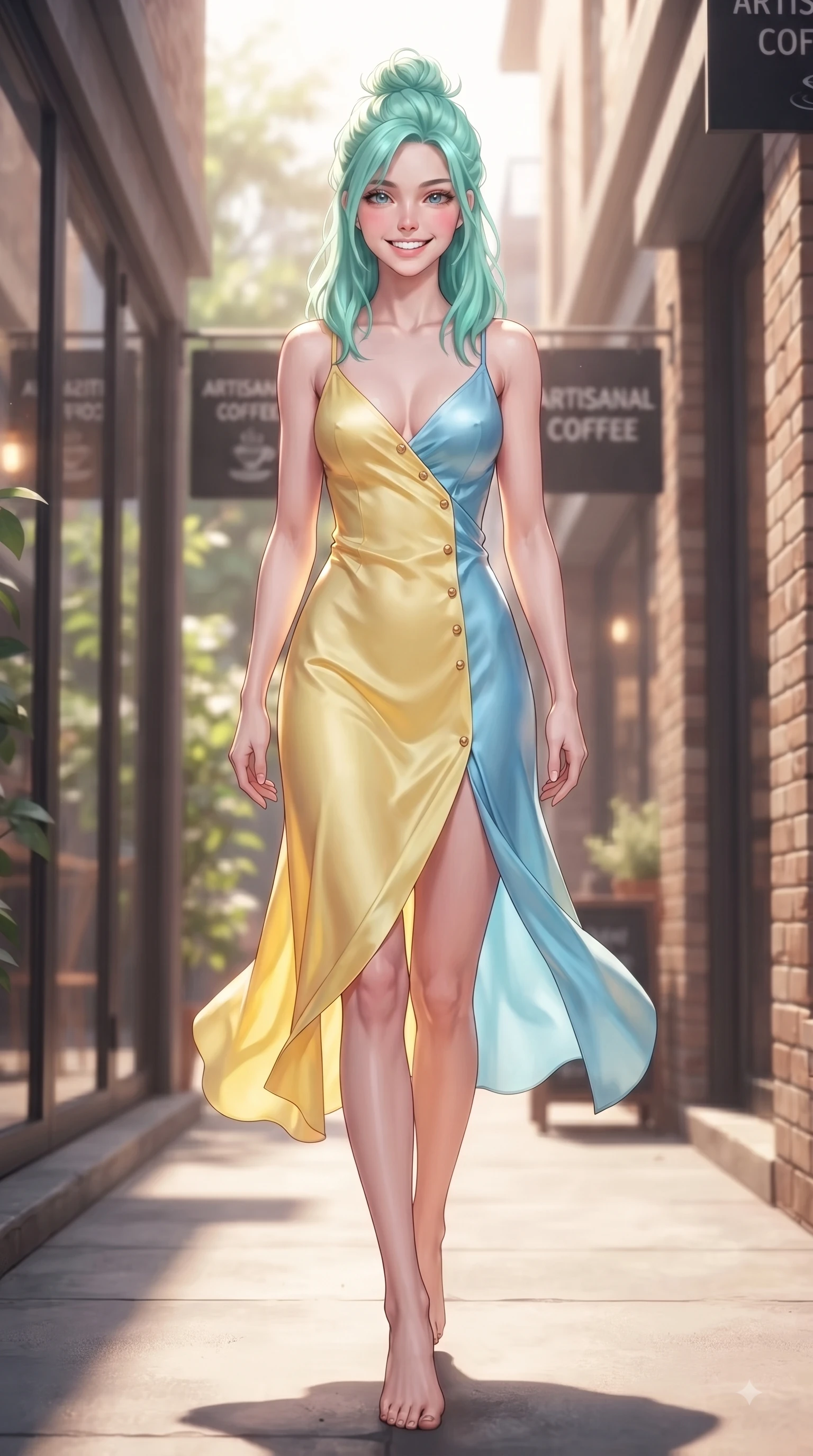 score_9, masterpiece, best quality, ultra-detailed, high-budget anime keyframe, editorial fashion photography, tasteful artistic composition, Japanese woman. low angle full-body shot from head to toe showing her feet, filling the entire 9:16 vertical frame with her statuesque presence, stretching her vertical silhouette. walking forward in a proud dynamic stride with a cheerful beaming smile, her vertical silhouette filling the frame while stepping along a quiet alley lined with artisanal coffee shops under warm sunlight. The composition keeps background elements in soft focus with dreamy bokeh. garden leaves outside glass windows softened by gentle warm depth of field. She has an absolutely perfect, statuesque 8.5-heads proportion, an exceptionally tall and slender model-like female figure with impossibly long slender legs and an ultra-slim waist. sharp v-shaped jawline, high-bridge nose, intricate jewel-like eyes with depth, thick eyelashes, glossy lips with a natural sheen, flawlessly proportioned anatomical accuracy, natural body alignment, perfectly sculpted elegant limbs, clean dynamic posture without body distortion. wearing a precision-fitted liquid satin slip dress with fluid draped lines and an open back in sunny canary yellow and clear sky blue, crafted from lightweight fluid chiffon, adorned with delicate gold buttons along the front, the elegant draped fit framing her graceful clavicle and slender torso. surrounded by a cozy, intimate, and relaxing cafe atmosphere. ultra-reflective glossy finish, specular highlights, metallic sheen, high-contrast stereoscopic depth, volumetric dynamic lighting, 2k, ultra detail, master piece, 9:16 ratio