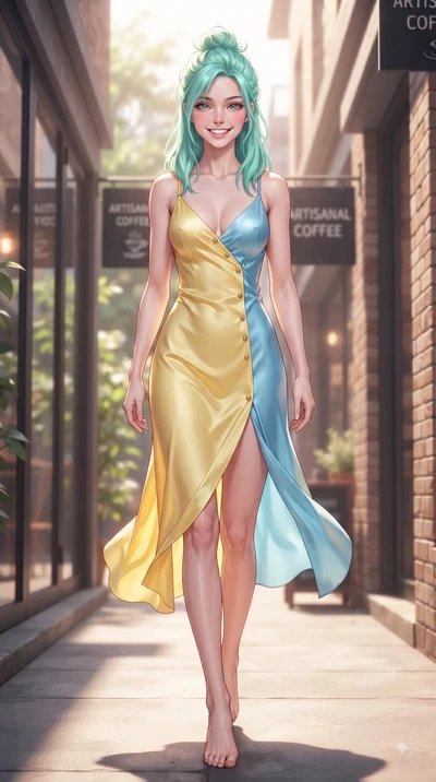 score_9, masterpiece, best quality, ultra-detailed, high-budget anime keyframe, editorial fashion photography, tasteful artistic composition, Japanese woman. low angle full-body shot from head to toe showing her feet, filling the entire 9:16 vertical