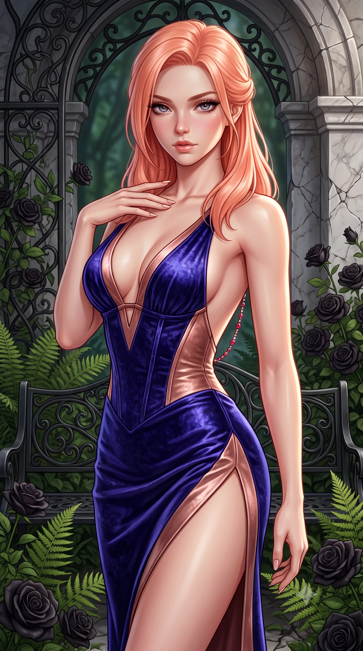 score_9, masterpiece, best quality, ultra-detailed, high-budget anime keyframe, semi-realistic 3D game render, editorial fashion photography, tasteful artistic composition, Japanese woman. close-up cowboy shot from the waist and thighs up, the character dominates the composition, filling the frame with her large presence. resting one manicured hand delicately on her bare collarbone, her upper body twisting in a fluid, voluptuous yet slender curve while gliding between whispering ferns and overgrown black roses, her smoldering gaze locking onto the viewer with intoxicating allure. The surrounding environment is rendered in vivid detail and crisp panoramic clarity. intricate wrought-iron filigree, velvet rose petal textures, and cracked marble masonry in sharp focus. She has an exceptionally elegant, slender, and willowy female figure with an ultra-slim waist, a gracefully sculpted slender torso, toned flat midriff, and a refined slim silhouette. sharp v-shaped jawline, high-bridge nose, intricate jewel-like eyes with depth, thick eyelashes, glossy parted lips with a natural sheen, intensely captivating and seductive expression, flawlessly proportioned anatomical accuracy, strict slender model proportions, natural body alignment, perfectly sculpted long slender limbs, ultra-slim waistline, clean dynamic posture without body distortion. wearing a plunging-V neckline crushed velvet corseted evening gown with an open scooped back and high-cut thigh slit in royal indigo and antique rose gold, crafted from supple second-skin lambskin leather with specular sheen, accented with a glittering ruby back chain tracing her bare spine, the form-contouring material adhering flawlessly to her sculpted flat midriff and slender torso, emphasizing her long leg lines and perfectly proportioned willowy build. illuminated by dramatic chiaroscuro key light sharply carving her slender waist, bare collarbones, and jawline. highly saturated vibrant anime colors, detailed shading with soft gradients, rich glossy textures, high-contrast stereoscopic depth, volumetric dynamic lighting, master piece, 9:16 ratio
