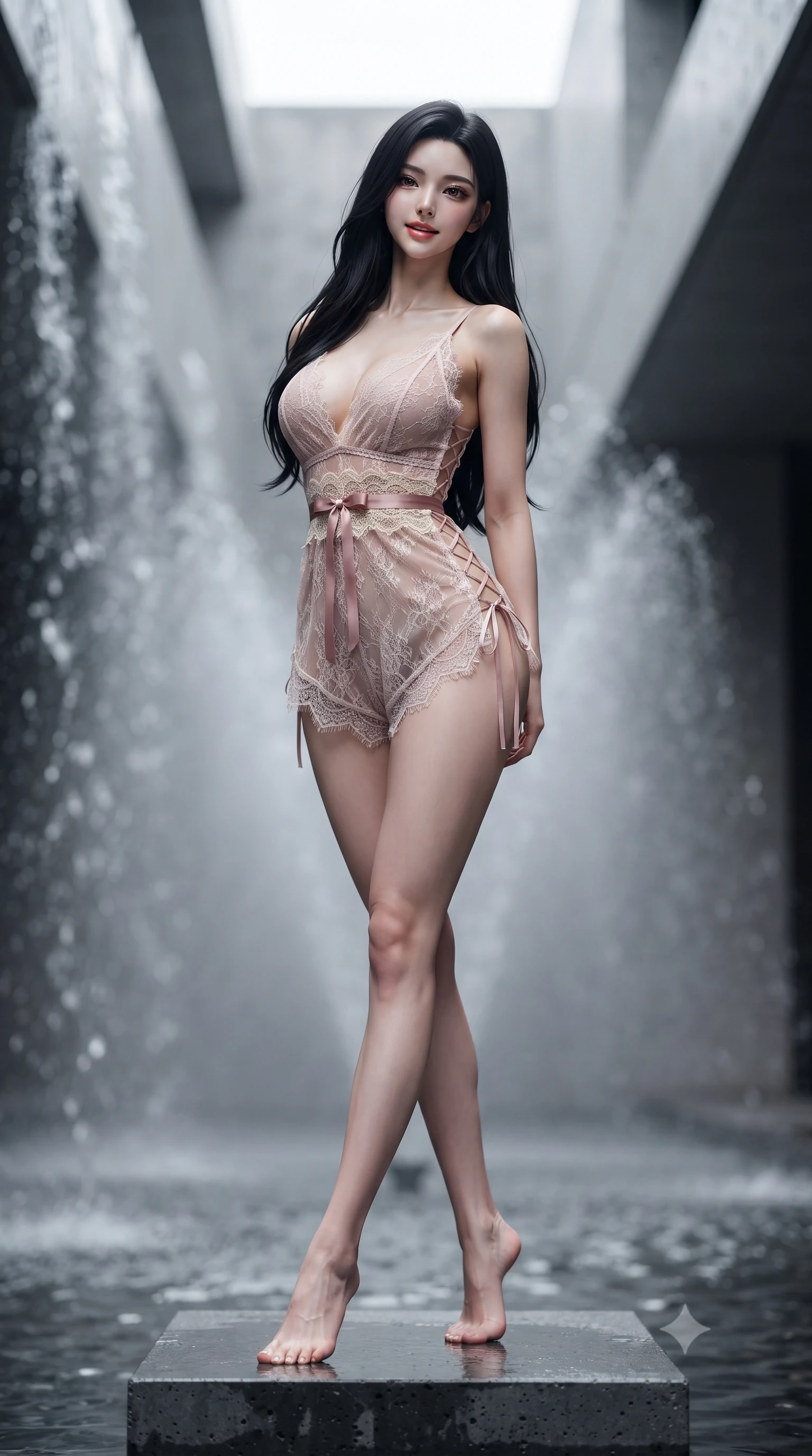 score_9, masterpiece, best quality, ultra-detailed, high-budget anime keyframe, editorial fashion photography, tasteful artistic composition, Korean woman. low angle full-body shot from head to toe showing her feet, filling the entire 9:16 vertical frame with her statuesque presence, stretching her vertical silhouette. lounging on the lavish daybed with legs crossed and hips angled toward the camera, displaying her toned midriff and long slender limbs with effortless siren poise while standing poised on a floating charcoal concrete monolith with water sheeting behind her, arching her back with dramatic architectural allure. The background shows a soft-focus water spray mist softened in avant-garde brutalist shallow focus. She has an absolutely perfect, statuesque 8.5-heads proportion, an exceptionally tall and slender model-like female figure with impossibly long slender legs, an ultra-slim waist, a flat toned midriff, narrow delicate ribcage, and beautifully sculpted feminine hips creating a graceful, slim hourglass silhouette without any bulky heaviness. sharp v-shaped jawline, high-bridge nose, sparkling eyes with hypnotic seductive depth, thick curled eyelashes, glossy parted lips with a natural dewy peach sheen, alluring bedroom-eyes with an enchanting coquettish smile, exuding magnetic siren charisma and sophisticated glamour, flawlessly proportioned anatomical accuracy, strict slender model proportions, natural body alignment, perfectly sculpted long slender limbs, ultra-slim waistline, clean dynamic posture without body distortion. wearing a plunge-neck stretch velvet romper with scalloped eyelash-lace hems and a cinched waist ribbon in dusky blush pink and warm ivory lace, made of delicate semi-sheer French Chantilly lace with intricate eyelash edges, featuring fine criss-cross lace-up side ties revealing tantalizing glimpses of her hip curve, the glove-like clinging cut tightly following the natural contour of her hips and long slender legs with youthful 8.5-heads elegance. illuminated by basin reflection bounce and sharp white-gold rim lights sculpting her jawline, flat midriff, and voluptuous hip curves. ultra-reflective glossy finish, specular highlights, rich textural contrasts, high-contrast stereoscopic depth, volumetric dynamic lighting, 2k, ultra detail, master piece, 9:16 ratio