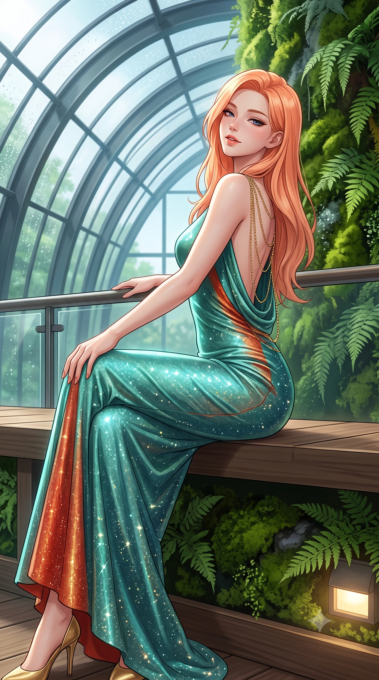 score_9, masterpiece, best quality, ultra-detailed, high-budget anime keyframe, semi-realistic 3D game render, editorial fashion photography, tasteful artistic composition, Japanese woman. close-up cowboy shot from the waist and thighs up, the character dominates the composition, filling the frame with her large presence. leaning back against the balustrade with relaxed seductive grace, head tilted back slightly while casting a hypnotic, heavy-lidded gaze while sitting gracefully on the elevated timber rest platform with one knee bent and legs extended, flashing an enchanting, parted-lip smile toward the lens. The surrounding environment is rendered in vivid detail and crisp panoramic clarity: sharp curved steel dome arches, lush moss and fern leaf textures on vertical walls, and fine water condensation beads in deep focus. She has an exceptionally elegant, slender, and willowy female figure with an ultra-slim waist, flat toned midriff, narrow ribcage, and sculpted feminine hips creating an alluring, slim hourglass silhouette without bulk. sharp v-shaped jawline, high-bridge nose, intricate jewel-like sparkling eyes with depth, thick eyelashes, glossy parted lips with a natural peach sheen, bright cheerful beaming smile with an enchanting and coquettish sensual glint, exuding both youthful cute charm and seductive allure, flawlessly proportioned anatomical accuracy, strict slender model proportions, natural body alignment, perfectly sculpted long slender limbs, ultra-slim waistline, clean dynamic posture without body distortion. wearing a sculpted metallic lurex knit column dress clinging smoothly to her curves with radiant shimmer in Tanjong Pagar Peranakan jade green and gilded vermilion, woven from stretch metallic lurex jersey casting radiant starlight glints across her curves, accented with an open-back drape framed by falling strands of delicate gold chains, the form-contouring silhouette accentuating her sculpted flat midriff, narrow delicate ribcage, and gracefully curvy hips with intoxicating allure. bathed in the cool 5000K daylight-white mist illumination mixed with warm 2700K pathway architectural spot LEDs. highly saturated vibrant anime colors, detailed shading with soft gradients, rich glossy textures, high-contrast stereoscopic depth, volumetric dynamic lighting, master piece, 9:16 ratio