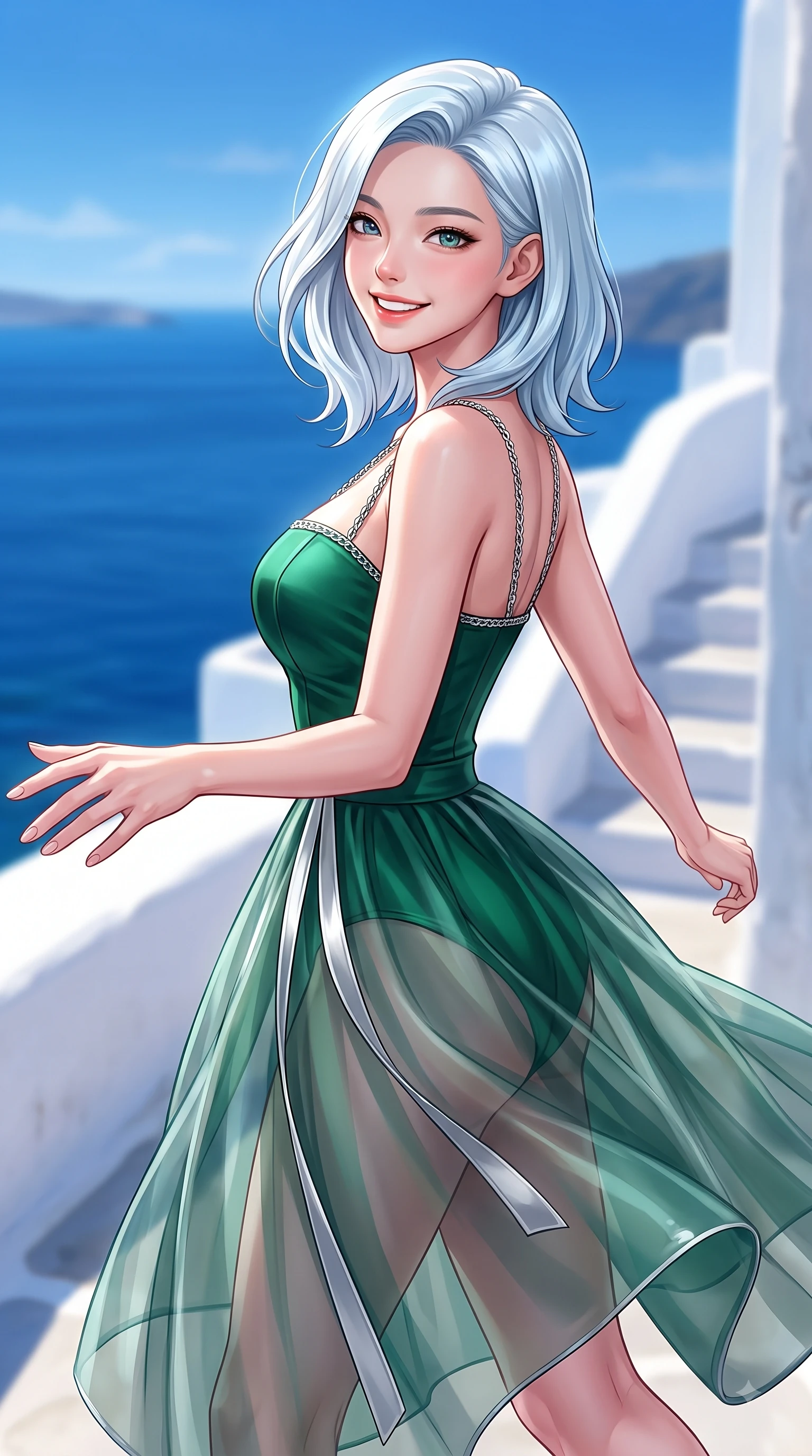 score_9, masterpiece, best quality, ultra-detailed, high-budget anime keyframe, editorial fashion photography, tasteful artistic composition, Korean woman. close-up cowboy shot from the waist and thighs up, the character dominates the composition, filling the frame with her large presence, background elements kept in soft focus. Gazing directly into the camera with a joyful, infectious smile as her torso curves dynamically in mid-stride while reaching her arm out toward the ocean breeze while looking back with a warm delightful smile, pristine white stone architecture contrasting brilliantly with deep azure sea and blue skies. She has an exceptionally elegant, slender, and willowy female figure with an ultra-slim waist, a gracefully sculpted slender torso, and a refined silhouette. sharp v-shaped jawline, high-bridge nose, intricate jewel-like eyes with depth, thick eyelashes, glossy lips with a natural sheen, flawlessly proportioned anatomical accuracy, natural body alignment, perfectly sculpted elegant limbs, clean dynamic posture without body distortion. wearing a modern fusion silk hanbok dress with a structured bodice and flowing skirt in deep emerald green and silver accent, woven from fine semi-opaque sheer organza, adorned with delicate metallic chain straps along the neckline, the sleek second-skin texture accentuating her magnetic presence. bathed in bright white Mediterranean sunbeams and deep blue sky refractions. highly saturated vibrant anime colors, detailed shading with soft gradients, rich glossy textures, high-contrast stereoscopic depth, volumetric dynamic lighting, master piece, 9:16 ratio