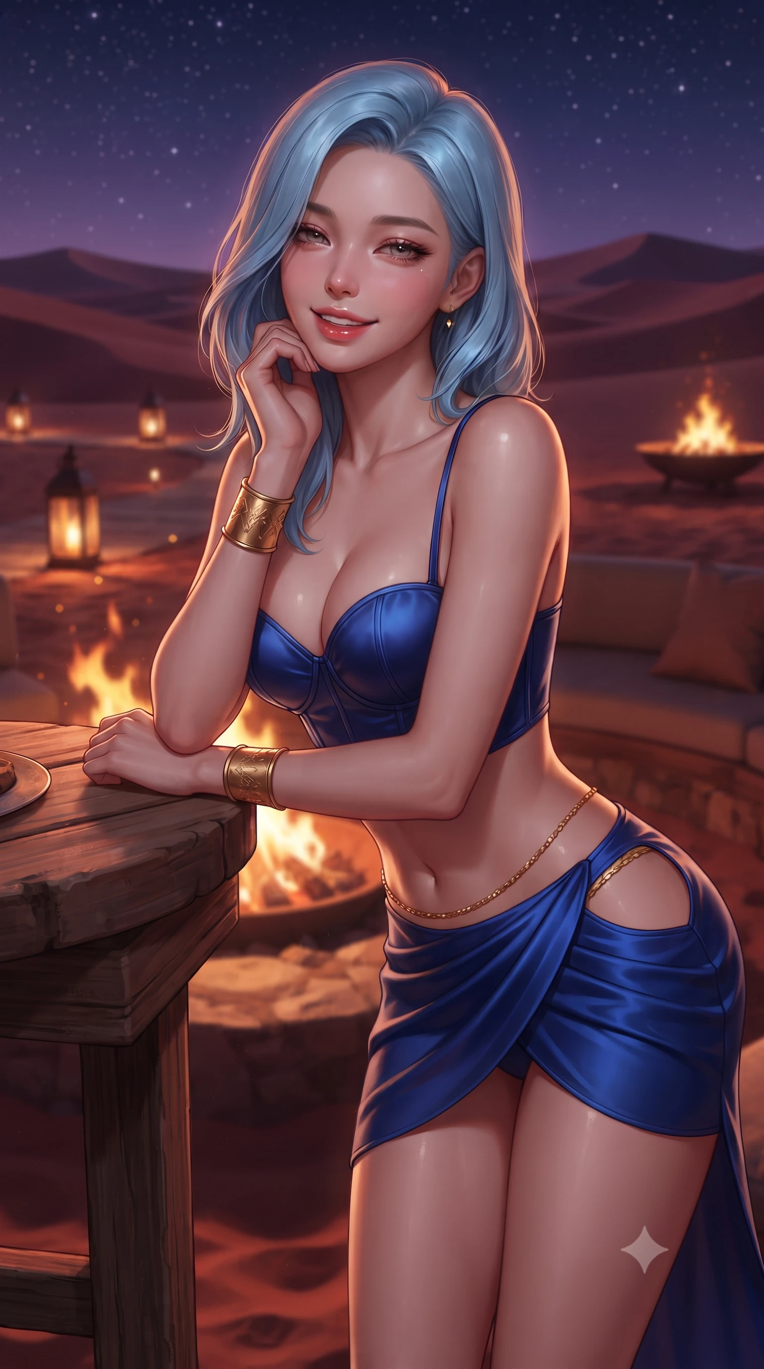 score_9, masterpiece, best quality, ultra-detailed, high-budget anime keyframe, editorial fashion photography, tasteful artistic composition, Korean woman. close-up cowboy shot from the waist and thighs up, the character dominates the composition, filling the frame with her large presence. resting one elbow on the table and supporting her chin, leaning close to the camera with heavy-lidded sparkling eyes and parted lips while twisting her slender torso in an alluring S-curve beside the sunken fire pit, dancing flames casting warm chiaroscuro contours over her curves. The background shows a soft-focus endless rolling red sand dunes under a starlit violet sky, glowing outdoor lantern pathways, and roaring fire pits blurred into amber, crimson, and deep indigo bokeh. She has an exceptionally elegant, slender, and willowy female figure with an ultra-slim waist, flat toned midriff, narrow ribcage, and sculpted feminine hips creating an alluring, slim hourglass silhouette without bulk. sharp v-shaped jawline, high-bridge nose, intricate jewel-like sparkling eyes with depth, thick eyelashes, glossy parted lips with a natural peach sheen, bright cheerful beaming smile with an enchanting and coquettish sensual glint, exuding both youthful cute charm and seductive allure, flawlessly proportioned anatomical accuracy, strict slender model proportions, natural body alignment, perfectly sculpted long slender limbs, ultra-slim waistline, clean dynamic posture without body distortion. wearing a sculpted underwire demi-bustier in satin paired with an ultra-short draped wrap tulip skirt and gold hip chain in Burj Arabian royal sapphire blue and molten gold, made of fluid liquid jersey with seamless sculpting hold and smooth contours, accented with delicate golden wrist cuffs reflecting warm chandelier light, the precision-cut side openings and low-back scoop framing her graceful spine and the sensual sweep of her slim, toned hips. illuminated by red sand reflection bounce and sharp copper-gold rim lights sculpting her cheekbones, flat midriff, and slender waist. ultra-reflective glossy finish, specular highlights, rich textural contrasts, high-contrast stereoscopic depth, volumetric dynamic lighting, 2k, ultra detail, master piece, 9:16 ratio