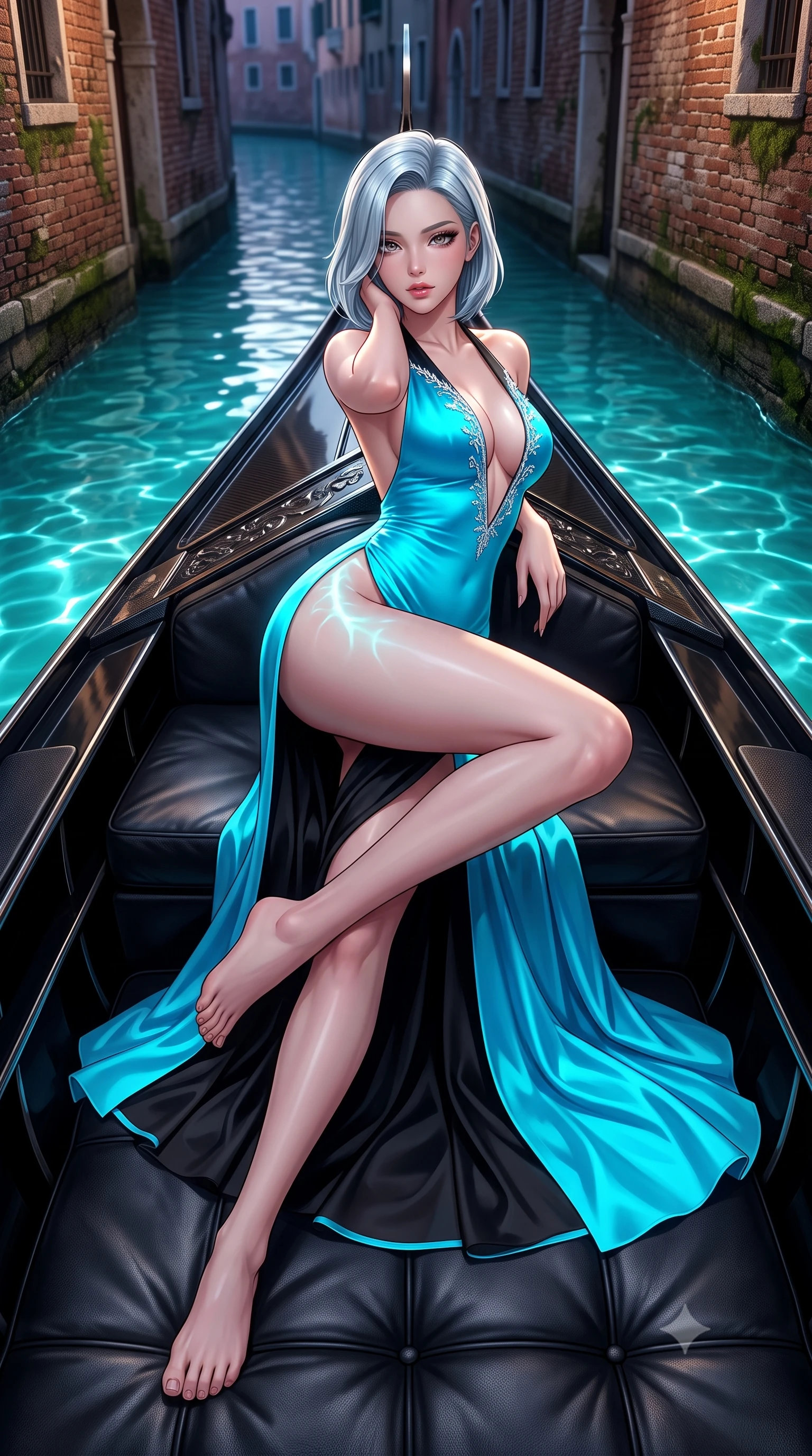 score_9, masterpiece, best quality, ultra-detailed, high-budget anime keyframe, semi-realistic 3D game render, editorial fashion photography, tasteful artistic composition, Korean woman. low angle full-body shot from head to toe showing her feet, filling the entire 9:16 vertical frame with her statuesque presence, stretching her vertical silhouette. executing an elegant mid-motion pivot turn as garments swirl around her slender limbs, glancing over her shoulder with an intoxicating bedroom-gaze while reclining across a black leather gondola lounge with one knee drawn up, glowing turquoise canal waters tracing the sensual contour of her feminine hips and flat midriff. The surrounding environment is rendered in vivid detail and crisp panoramic clarity. sharp canal waterline caustics, polished carbon-fiber gondola prow, and ancient brick wall moss in deep focus. She has an exceptionally tall and slender model-like 8.5-heads proportion, an ultra-slim waist, a flat toned midriff, narrow delicate ribcage, and beautifully sculpted feminine hips creating a graceful, slim hourglass silhouette without any bulky heaviness, with impossibly long slender legs. sharp v-shaped jawline, high-bridge nose, intricate jewel-like eyes with depth, thick eyelashes, glossy parted lips with a natural sheen, intensely captivating and seductive bedroom-eyes expression, flawlessly proportioned anatomical accuracy, strict slender model proportions, natural body alignment, perfectly sculpted long slender limbs, ultra-slim waistline, clean dynamic posture without body distortion. wearing a plunging-V neckline duchess satin gown with high side slits ascending to the high hip in neon electric cyan and lacquer black, tailored from liquid silk jersey adhering flawlessly to her slender build, finished with delicate crystal frost embroidery tracing the plunging neckline, the glove-like aerodynamic silhouette tightly following the natural contour of her hips and long slender legs with statuesque 8.5-heads elegance. illuminated by shimmering water surface specular reflections accentuating her sculpted midriff, narrow waist, and curvy hips. highly saturated vibrant anime colors, detailed shading with soft gradients, rich glossy textures, high-contrast stereoscopic depth, volumetric dynamic lighting, master piece, 9:16 ratio