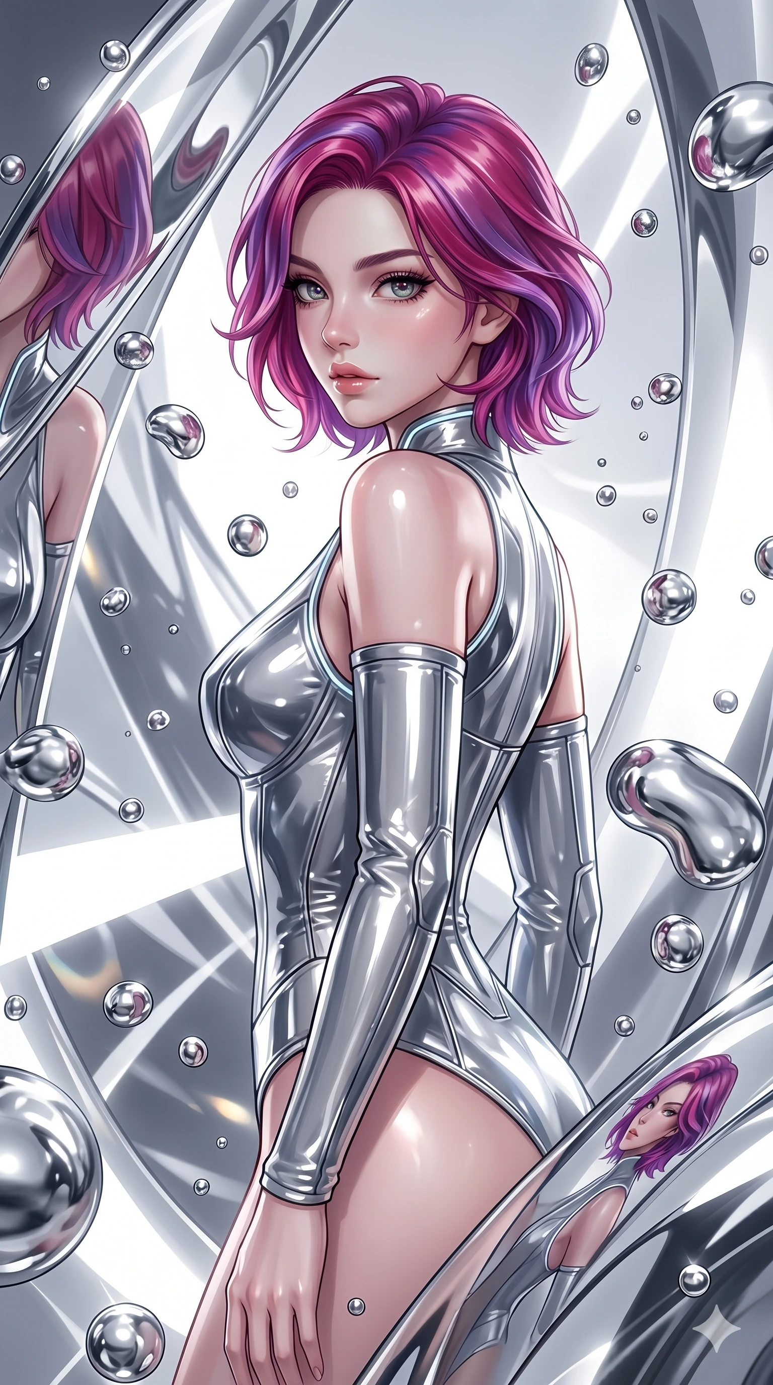 score_9, masterpiece, best quality, ultra-detailed, high-budget anime keyframe, editorial fashion photography, tasteful artistic composition, Caucasian woman, strictly human ears. Upper body close-up from the thighs up, character filling the screen for maximum presence. She is surrounded by floating mercury droplets and curved abstract mirrors that warp space. She strikes a striking fashion pose, looking over her shoulder with glossy, natural lips. She has an absolutely perfect 8-heads proportion, a tall and elegant figure with a refined silhouette and a defined waistline. V-shaped jawline, high-bridge nose, intricate jewel-like eyes with depth, thick eyelashes, glossy lips with a natural sheen. She is wearing a structured cybernetic bodice in glossy vinyl panels, paired with detached sleeves and a refined V-neckline detailed with glowing piping. The scene is bathed in highly reflective silver highlights and a stark white side studio light. 2k, ultra detail, master piece, 9:16 ratio