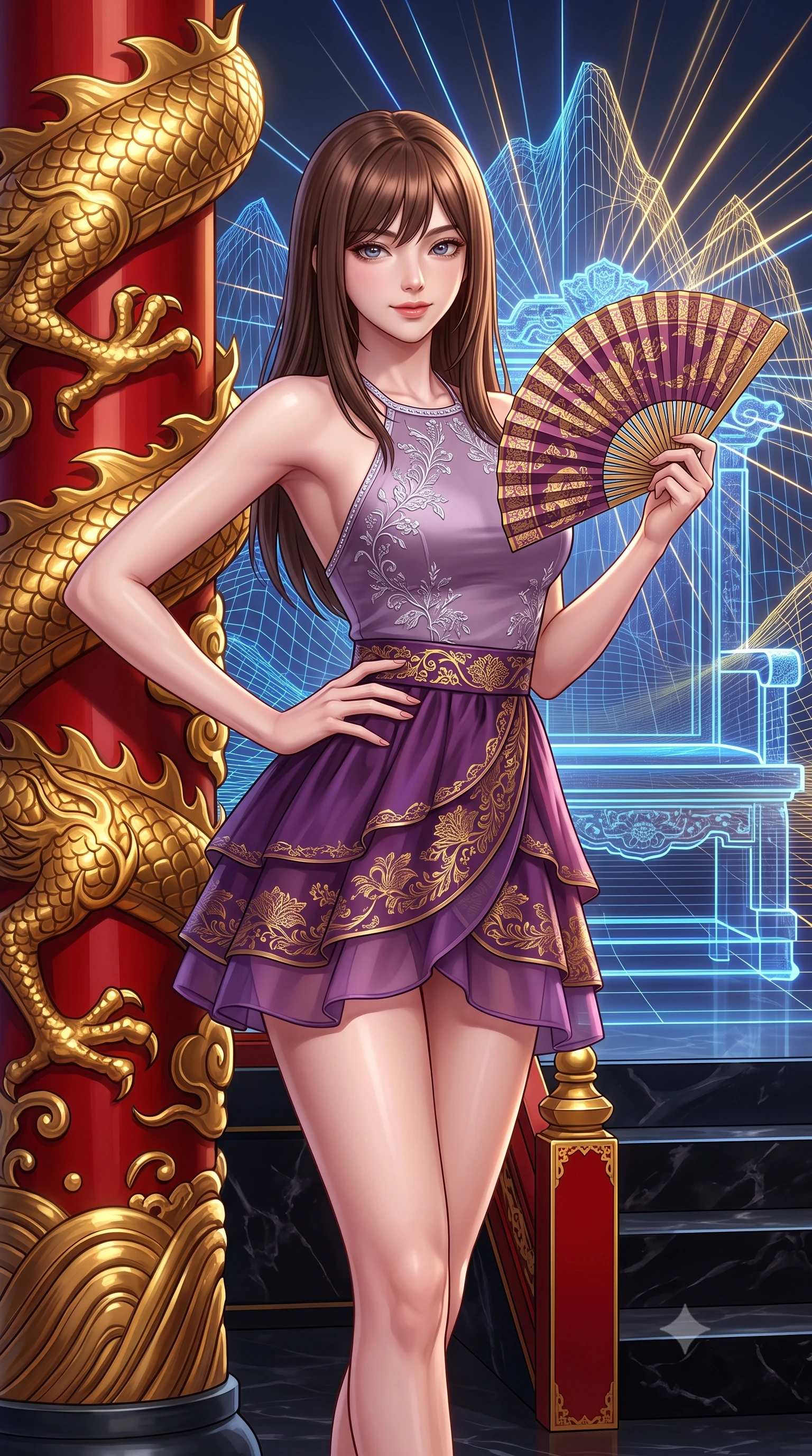 score_9, masterpiece, best quality, ultra-detailed, high-budget anime keyframe, semi-realistic 3D game render, editorial fashion photography, tasteful artistic composition, Korean woman. close-up cowboy shot from the waist and thighs up, the character dominates the composition, filling the frame with her large presence. twisting her slender torso in an alluring contrapposto stance, one hand resting on her sculpted hip while holding a traditional silk folding fan with effortless poise while leaning against an ornate gilded dragon column with hips cocked back, looking into the camera with an intoxicating, commanding bedroom-gaze. The surrounding environment is rendered in vivid detail and crisp panoramic clarity: sharp red-and-gold royal column lacquer, holographic mountain wireframe lines, and polished black stone dais steps in deep focus. She has an exceptionally elegant, slender, and willowy female figure with an ultra-slim waist, flat toned midriff, narrow ribcage, and sculpted feminine hips creating an alluring, slim hourglass silhouette without bulk. sharp v-shaped jawline, high-bridge nose, intricate jewel-like dark sparkling almond eyes with depth, thick lashes, glossy parted lips with a natural rose-plum sheen, bright alluring and coquettish smile with bedroom-eyes, exuding both timeless oriental elegance and sovereign high-fashion allure, flawlessly proportioned anatomical accuracy, strict slender model proportions, natural body alignment, perfectly sculpted long slender limbs, ultra-slim waistline, clean dynamic posture without body distortion. wearing a modern halter-neck fusion hanbok bodice with delicate silver embroidery and a fluttering layered chiffon wrap mini skirt in rich plum violet and gilded bronze embroidery, tailored from sheer gossamer silk organza with an airy weightless flutter, finished with subtle crystal rhinestones tracing the elegant neckline, the high-waisted wrap tailoring accentuating her ultra-slim waistline and the enchanting curve of her feminine hips with alluring oriental charm. bathed in majestic royal gold and sapphire light radiating from the holographic throne backdrop. highly saturated vibrant anime colors, detailed shading with soft gradients, rich glossy textures, high-contrast stereoscopic depth, volumetric dynamic lighting, master piece, 9:16 ratio