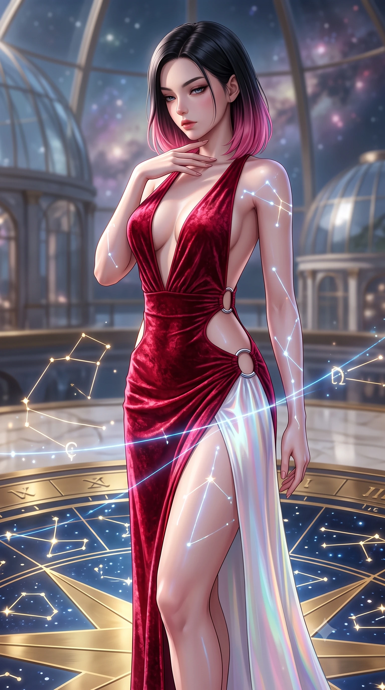 score_9, masterpiece, best quality, ultra-detailed, high-budget anime keyframe, semi-realistic 3D game render, editorial fashion photography, tasteful artistic composition, Korean woman. close-up cowboy shot from the waist and thighs up, the character dominates the composition, filling the frame with her large presence. resting her fingers lightly against her throat while looking down with a smoldering, haughty yet intensely captivating glance while pivoting dynamically on a polished brass star-chart floor as glowing constellation glyphs project light across her figure. The composition keeps background elements in soft focus with creamy bokeh. soaring glass observatory domes and distant nebula clusters softened in quiet atmospheric focus. She has an exceptionally elegant, slender, and willowy female figure with an ultra-slim waist, a gracefully sculpted slender torso, toned flat midriff, and a refined slim silhouette. sharp v-shaped jawline, high-bridge nose, intricate jewel-like eyes with depth, thick eyelashes, glossy lips with a natural sheen, flawlessly proportioned anatomical accuracy, strict slender model proportions, natural body alignment, perfectly sculpted long slender limbs, ultra-slim waistline, clean dynamic posture without body distortion. wearing a backless crimson crushed velvet gown with a deep plunging V-neckline, strategic hip cutouts, and an ultra-high thigh slit in glistening liquid pearl white with rainbow opalescence, made of smooth iridescent silk chiffon that shifts colors with movement, detailed with polished silver rings connecting the daring side-waist cutouts, the form-contouring material adhering flawlessly to her sculpted flat midriff and slender torso, emphasizing her long leg lines and perfectly proportioned willowy build. surrounded by an intellectual, noble, and enchantingly seductive celestial royalty aura. highly saturated vibrant anime colors, detailed shading with soft gradients, rich glossy textures, high-contrast stereoscopic depth, volumetric dynamic lighting, master piece, 9:16 ratio