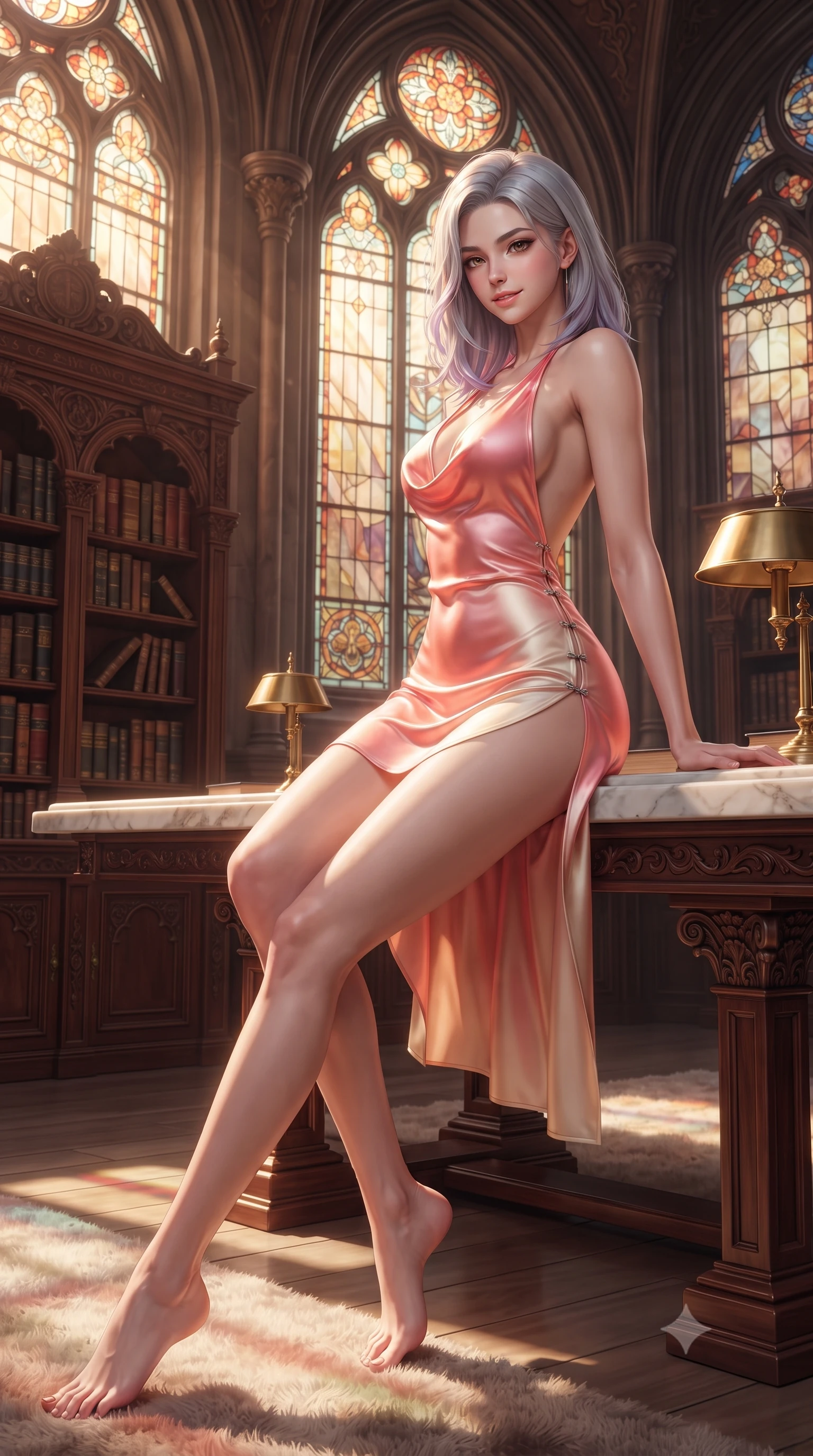 score_9, masterpiece, best quality, ultra-detailed, high-budget anime keyframe, editorial fashion photography, tasteful artistic composition, Caucasian woman. low angle full-body shot from head to toe showing her feet, filling the entire 9:16 vertical frame with her statuesque presence, stretching her vertical silhouette. arching her back in a fluid zero-gravity turn with sovereign grace, her long slender legs and sculpted torso creating a sweeping line while sitting at a long sunlit marble study table under tall stained glass arches with a wise yet seductive smile. The surrounding environment is rendered in vivid detail and crisp panoramic clarity. intricate carved mahogany bookcases, brass reading lamps, and stained glass window details in deep focus. She has an absolutely perfect, statuesque 8.5-heads proportion, an exceptionally tall and slender model-like female figure with impossibly long slender legs, a toned flat midriff, and an ultra-slim waist. sharp v-shaped jawline, high-bridge nose, intricate jewel-like eyes with depth, thick eyelashes, glossy lips with a natural sheen, flawlessly proportioned anatomical accuracy, strict slender model proportions, natural body alignment, perfectly sculpted long slender limbs, ultra-slim waistline, clean dynamic posture without body distortion. wearing a form-contouring liquid satin halter-neck mini dress with a deep crossover cowl front, open back, and ultra-slender waist drape in radiant coral pink and champagne ivory, made of smooth iridescent silk chiffon that shifts colors with movement, finished with an ultra-high side slit secured by miniature magnetic clasps, the glove-like aerodynamic second-skin fit tightly clinging to her ultra-slender waist and athletic curves without adding bulk, accentuating her razor-sharp statuesque lines and slim hourglass silhouette. illuminated by warm glowing amber manuscript glyphs and rich mahogany refractions. ultra-reflective glossy finish, specular highlights, metallic sheen, high-contrast stereoscopic depth, volumetric dynamic lighting, 2k, ultra detail, master piece, 9:16 ratio