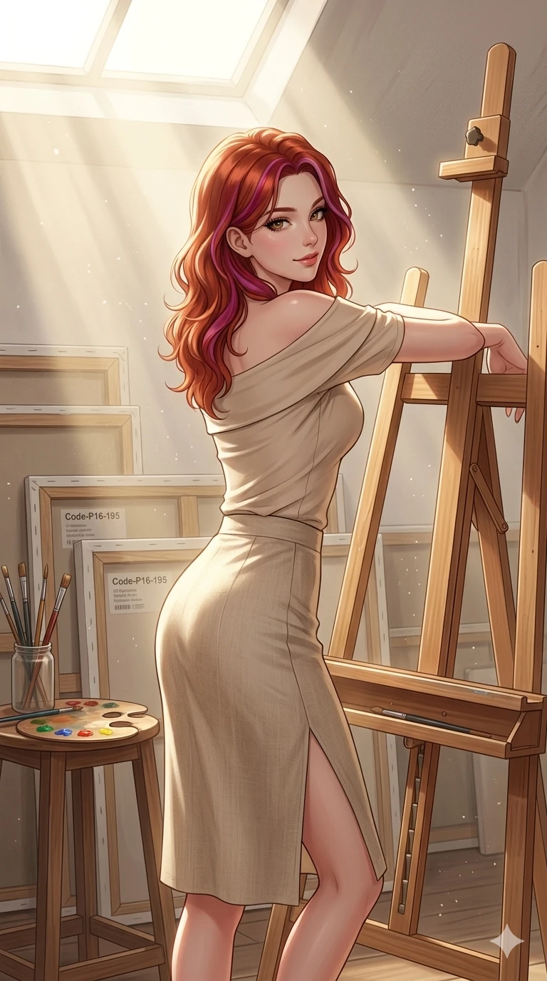 score_9, masterpiece, best quality, ultra-detailed, high-budget anime keyframe, editorial fashion photography, tasteful artistic composition, Caucasian woman, strictly human ears. cowboy shot from the thighs up, character and outfit filling the frame for maximum editorial presence. leaning against an easel, looking over her shoulder with a magnetic, teasing half-smile inside a quiet, sun-washed art studio with oil canvases (Code-P16-195). She has an absolutely perfect 8-heads proportion, an exceptionally tall and slender female figure with impossibly long slender legs and an ultra-slim waist. V-shaped jawline, high-bridge nose, intricate jewel-like eyes with depth, thick eyelashes, glossy lips with a natural sheen. wearing a beige off-shoulder top showing her elegant clavicle, paired with a split linen skirt. drenched in soft morning sunbeams flowing from a high window, creating a serene mood. 2k, ultra detail, master piece, 9:16 ratio