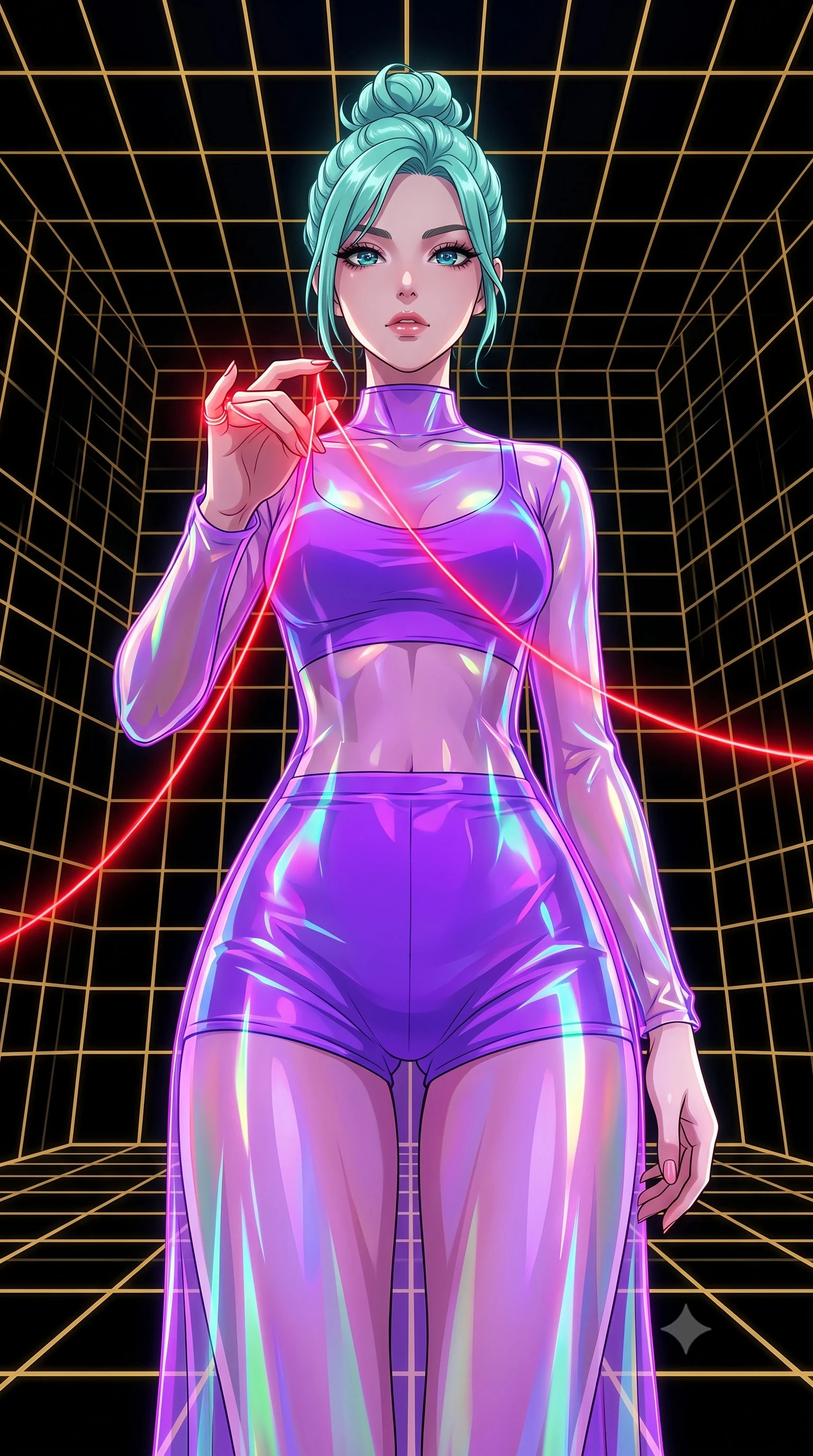 score_9, masterpiece, best quality, ultra-detailed, High-budget Anime Keyframe, East Asian woman. Low angle cowboy shot filling the entire 9:16 frame with her statuesque presence. Scenario 518: tracing a glowing red thread of fate with her fingers in a digital arena where gold gridlines project onto the black walls. Her presence is magnetic and overpowering in this high-budget anime scene. Outfit 518: a body-hugging neon violet translucent PVC gown worn over an opaque crop top and high-waisted shorts. The clothing is designed to emphasize her exceptionally tall and slender 8-heads proportion. 8-heads proportion, towering silhouette, ultra-slim waist. sharp v-shaped jawline, intricate jewel-like eyes with depth, thick eyelashes, glossy lips. 2k, ultra detail, master piece, 9:16 ratio
