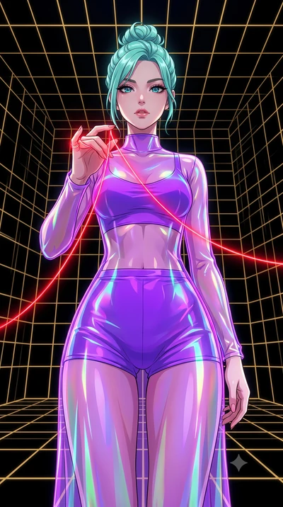 score_9, masterpiece, best quality, ultra-detailed, High-budget Anime Keyframe, East Asian woman. Low angle cowboy shot filling the entire 9:16 frame with her statuesque presence. Scenario 518: tracing a glowing red thread of fate with her fingers in