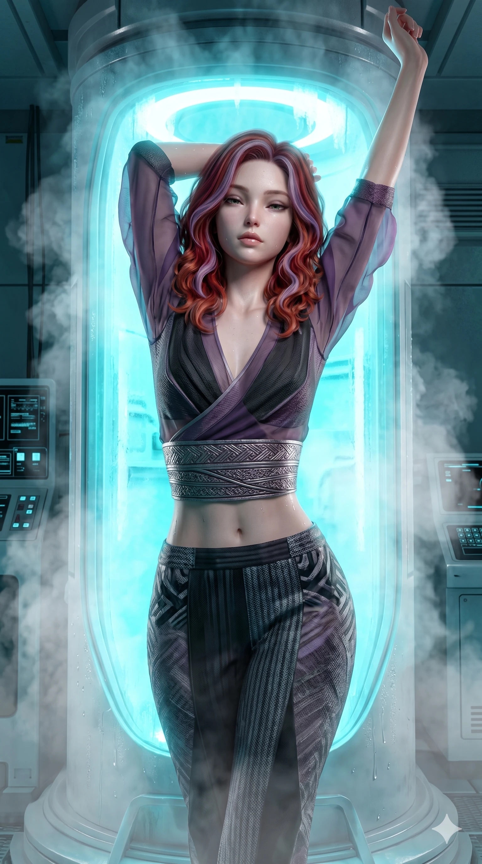 score_9, masterpiece, best quality, ultra-detailed, high-budget anime keyframe, semi-realistic 3D game render, Caucasian woman, strictly human ears. Upper body close-up from the thighs up, character filling the screen for maximum presence. She is stepping out of a glowing cryo-chamber filled with evaporating white volumetric steam. She stretches her arms with a sultry, waking-up expression. She has an absolutely perfect 8-heads proportion, an exceptionally tall and slender female figure with impossibly long slender legs and an ultra-slim waist. V-shaped jawline, high-bridge nose, intricate jewel-like eyes with depth, thick eyelashes, glossy lips with a natural sheen. She is wearing a shortened cyber-fusion wrap top with transparent chiffon panels, a deep crossover neckline, and a high-waisted metallic sash that accentuates her ultra-slim waist. The scene is illuminated by intense cyan backlighting from the chamber and a warm white key light. 2k, ultra detail, master piece, 9:16 ratio