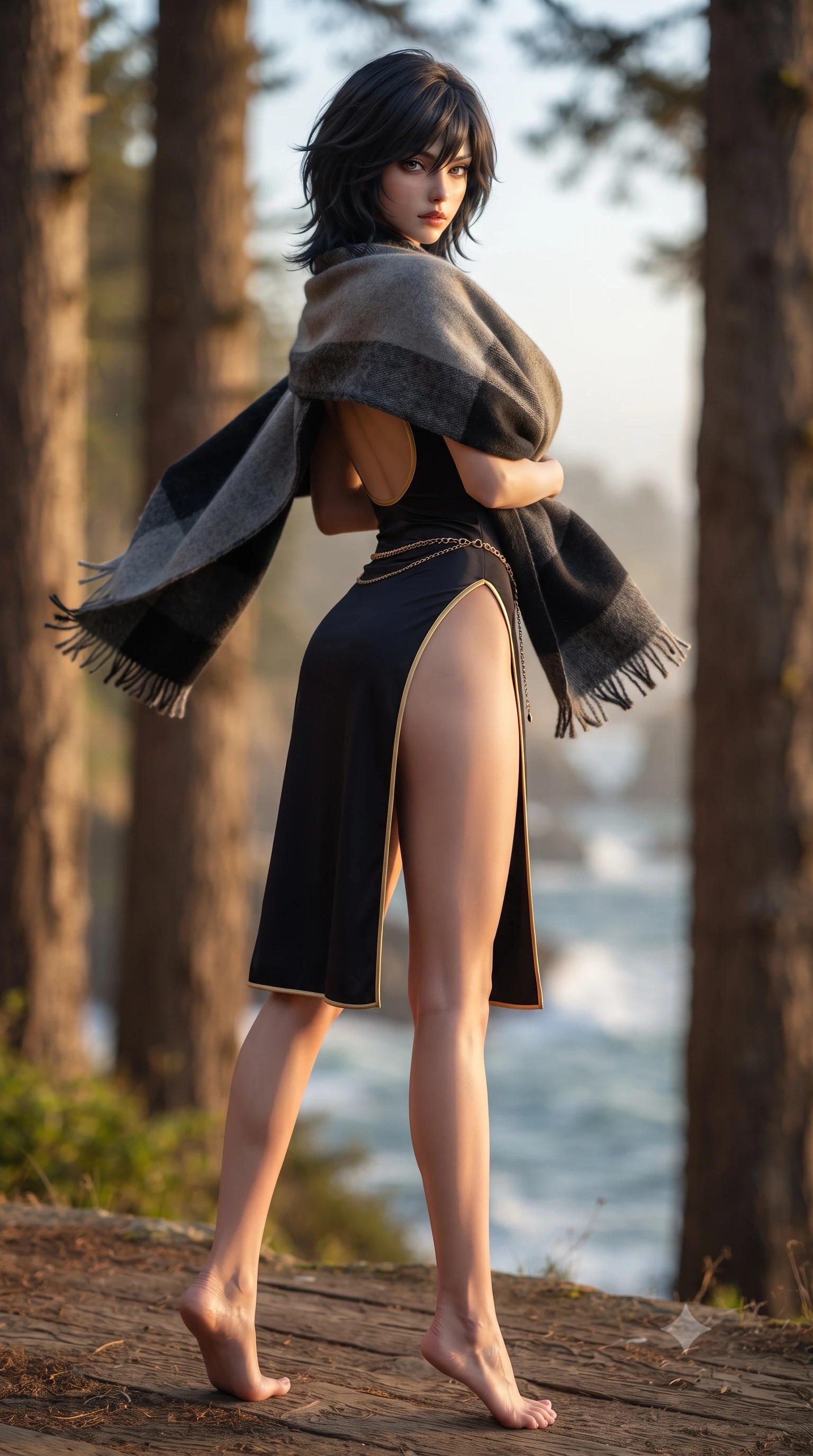 score_9, masterpiece, best quality, ultra-detailed, high-budget anime keyframe, editorial fashion photography, tasteful artistic composition, Caucasian woman. low angle full-body shot from head to toe showing her feet, filling the entire 9:16 vertical frame with her statuesque presence, stretching her vertical silhouette. posing with back turned slightly to the lens, glancing back with smoldering allure as she arches her lower back to emphasize her sculpted feminine hips and slender waist while standing poised on the cliff edge terrace, twisting her slender torso in an alluring contrapposto stance as the cool Pacific breeze whips her cashmere shawl. The composition keeps background elements in soft focus with creamy bokeh. towering ancient redwood trunks, crashing Pacific ocean breakers, and coastal sea fog blurred into golden amber, coastal sage, and oceanic blue bokeh. She has an exceptionally tall and slender model-like 8.5-heads proportion, an ultra-slim waist, a flat toned midriff, narrow delicate ribcage, and beautifully sculpted feminine hips creating a graceful, slim hourglass silhouette without any bulky heaviness, with impossibly long slender legs. sharp v-shaped jawline, high-bridge nose, intricate jewel-like eyes with depth, thick eyelashes, glossy parted lips with a natural sheen, intensely captivating and seductive bedroom-eyes expression, flawlessly proportioned anatomical accuracy, strict slender model proportions, natural body alignment, perfectly sculpted long slender limbs, ultra-slim waistline, clean dynamic posture without body distortion. wearing a modernized cyber-qipao mini dress with an ultra-high side slit ascending to the hip and glowing piping in midnight obsidian black and liquid gold, tailored from liquid silk jersey adhering flawlessly to her slender build, accented with a delicate gold chain belt resting loosely on her curvy hips, the precision-cut side openings and low-back scoop framing her graceful spine and the sensual sweep of her slim, toned hips. illuminated by warm cedar deck bounce light sharply defining her sculpted collarbones, ultra-slim waist, and curvy hips. ultra-reflective glossy finish, specular highlights, rich textural contrasts, high-contrast stereoscopic depth, volumetric dynamic lighting, 2k, ultra detail, master piece, 9:16 ratio