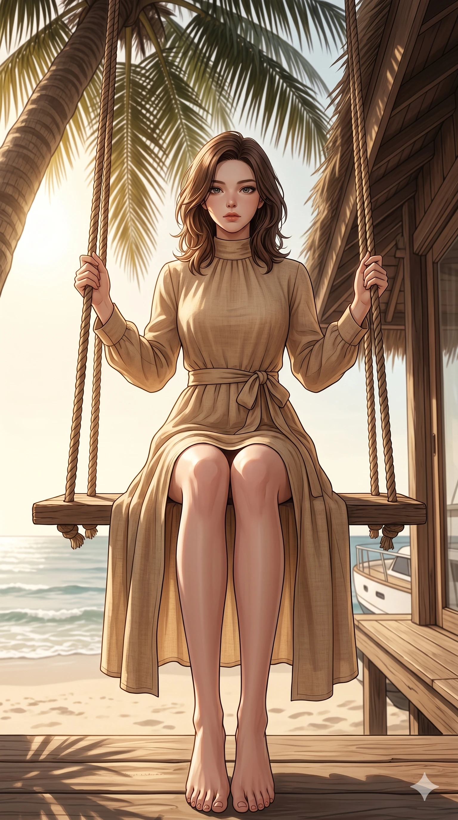 score_9, masterpiece, best quality, ultra-detailed, high-budget anime keyframe, editorial fashion photography, tasteful artistic composition, Korean woman. low angle full-body shot from head to toe showing her feet, filling the entire 9:16 vertical frame with her statuesque presence, stretching her vertical silhouette. sitting on a wooden swing under a palm tree, looking directly at the camera with a composed, magnetic gaze on a private balcony of a beachside bungalow with the sound of gentle waves (Code-P19-014). She has an absolutely perfect 8-heads proportion, an exceptionally tall and slender female figure with impossibly long slender legs and an ultra-slim waist. V-shaped jawline, high-bridge nose, intricate jewel-like eyes with depth, thick eyelashes, glossy lips with a natural sheen. wearing a high-neck linen sundress with long sleeves and a matching tie belt in warm sand color. drenched in warm, direct sunlight on the yacht deck, highlighting her statuesque height and slim waist. 2k, ultra detail, master piece, 9:16 ratio