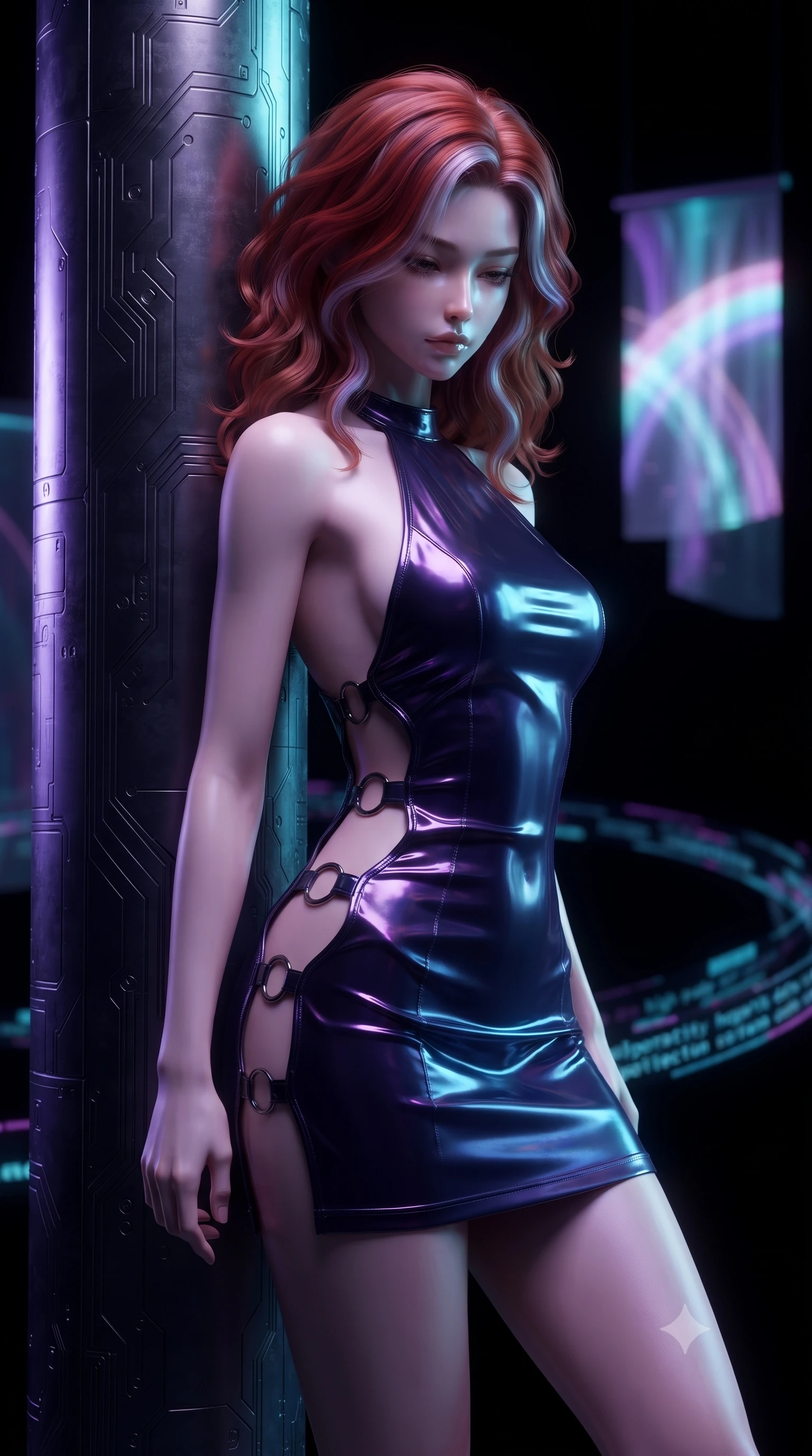 score_9, masterpiece, best quality, ultra-detailed, high-budget anime keyframe, editorial fashion photography, tasteful artistic composition, Caucasian woman. close-up cowboy shot from the waist and thighs up, the character dominates the composition, filling the frame with her large presence, background elements kept in soft focus. Looking down with lowered lashes and a composed, powerful dark aura, resting against a dark metallic pillar as holographic data streams orbit her form, holographic silk tapestries projecting vibrant pastel light arcs around her. She has an exceptionally elegant, slender, and willowy female figure with an ultra-slim waist, a gracefully sculpted slender torso, and a refined silhouette. sharp v-shaped jawline, high-bridge nose, intricate jewel-like eyes with depth, thick eyelashes, glossy lips with a natural sheen. wearing backless liquid vinyl mini slip dress with bare shoulder halter neckline in midnight navy blue, made of iridescent dark violet taffeta, trimmed with dark chrome ring hardware along the waist contours, sculpting her athletic slender build with refined precision. illuminated by dark violet and cyan holographic light rays against a black void. ultra-reflective glossy finish, specular highlights, metallic sheen, high-contrast stereoscopic depth, volumetric dynamic lighting, 2k, ultra detail, master piece, 9:16 ratio