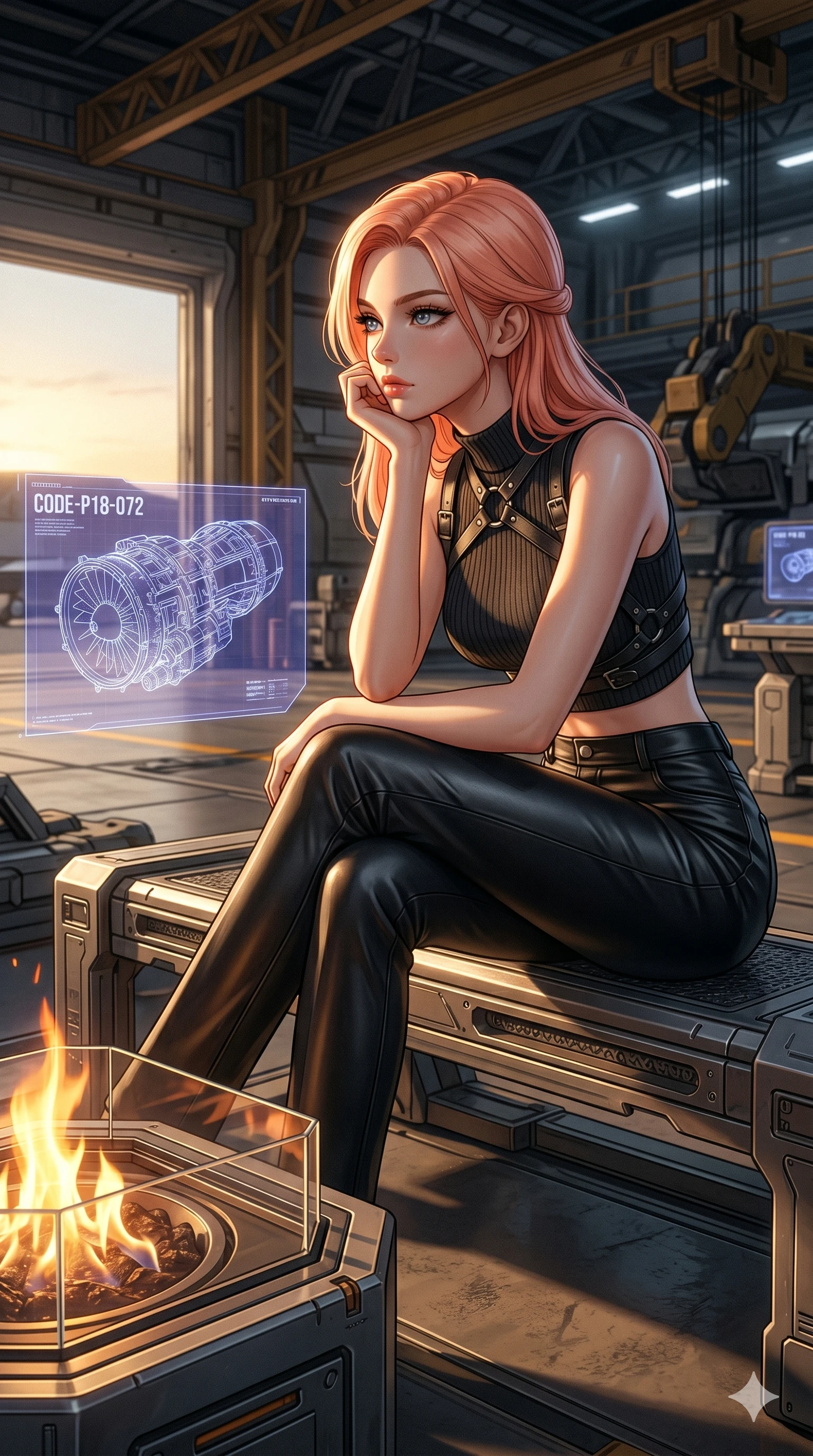 score_9, masterpiece, best quality, ultra-detailed, high-budget anime keyframe, editorial fashion photography, tasteful artistic composition, Japanese woman. cowboy shot from the thighs up, character and outfit filling the frame for maximum editorial presence. sitting near the fire, resting her chin on her hand in a high-tech hangar bay with a holographic blueprint of a cybernetic engine (Code-P18-072). She has an absolutely perfect 8-heads proportion, an exceptionally tall and slender female figure with impossibly long slender legs and an ultra-slim waist. V-shaped jawline, high-bridge nose, intricate jewel-like eyes with depth, thick eyelashes, glossy lips with a natural sheen. wearing a high-fashion leather harness over a crop top and high-waist trousers. dramatic chiaroscuro lighting from the setting sun, accentuating her statuesque height. 2k, ultra detail, master piece, 9:16 ratio