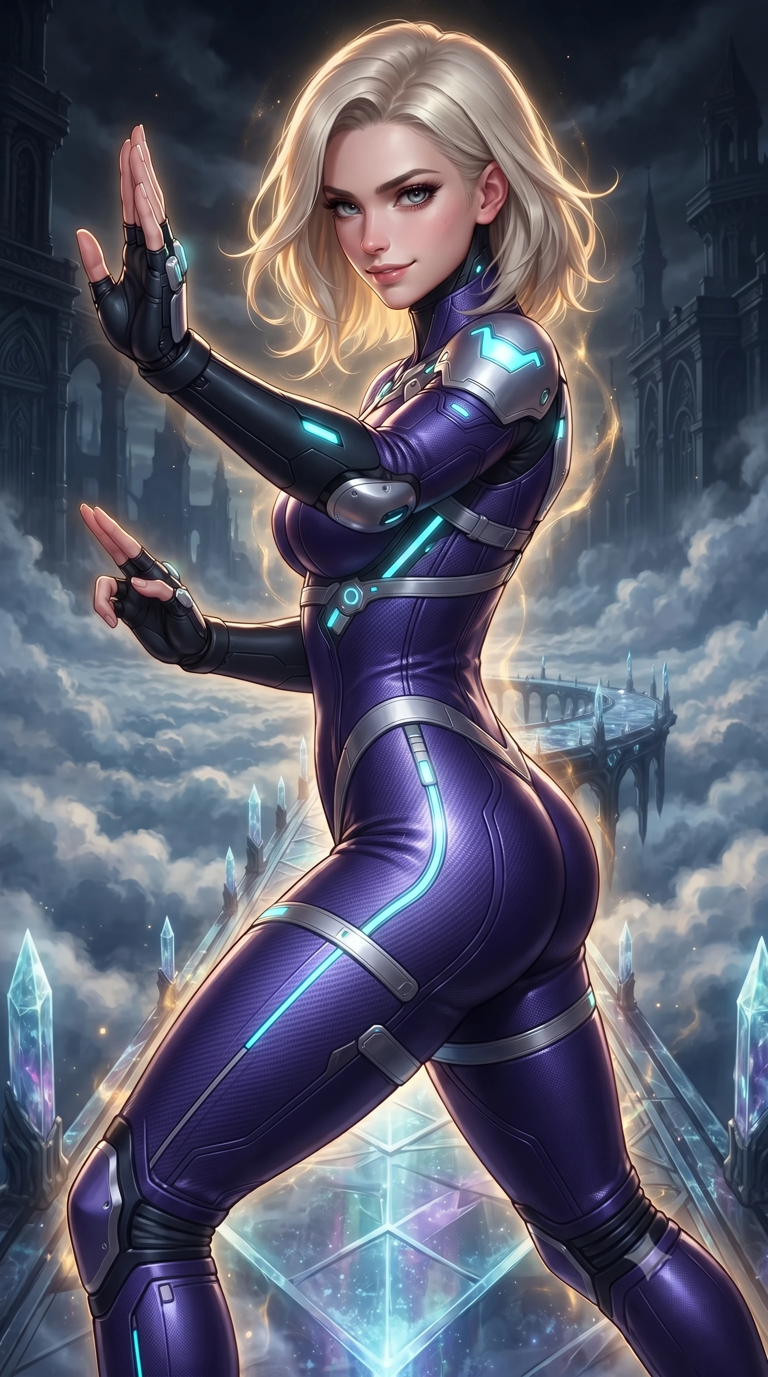 score_9, masterpiece, best quality, ultra-detailed, high-budget anime keyframe, editorial fashion photography, tasteful artistic composition, Caucasian woman. close-up cowboy shot from the waist and thighs up, the character dominates the composition, filling the frame with her large presence. resting one hand in a defensive deflective posture while glancing over her shoulder with thick eyelashes and a confident, smoldering combat half-smile while stepping along a glowing crystal bridge suspended above clouds with arms held in ancient martial arts harmony. The surrounding environment is rendered in vivid detail and crisp panoramic clarity. dramatic chiaroscuro contrast between glowing golden energy and dark mystical architecture in precision. She has an exceptionally elegant, slender, and willowy female figure with an ultra-slim waist, a gracefully sculpted slender torso, toned flat midriff, and a refined slim silhouette. sharp v-shaped jawline, high-bridge nose, intricate jewel-like eyes with depth, thick eyelashes, glossy lips with a natural sheen, flawlessly proportioned anatomical accuracy, strict slender model proportions, natural body alignment, perfectly sculpted long slender limbs, ultra-slim waistline, clean dynamic posture without body distortion. wearing a precision-fitted royal purple carbon-fiber martial arts suit with silver accents and glowing micro-circuit knuckle plating in matte obsidian carbon black with electric cyan conduits, crafted from ultra-strong woven carbon-fiber composite with a satin luster, reinforced by a sleek titanium kinetic harness and glowing micro-energy straps, the liquid-tight tailored fabric emphasizing every curve of her tall, slender model proportions and sculptured silhouette during dynamic movement. surrounded by an awe-inspiring, ancient, and radiantly transcendent martial muse sovereignty aura. ultra-reflective glossy finish, specular highlights, dark metallic sheen, high-contrast stereoscopic depth, volumetric dynamic lighting, 2k, ultra detail, master piece, 9:16 ratio