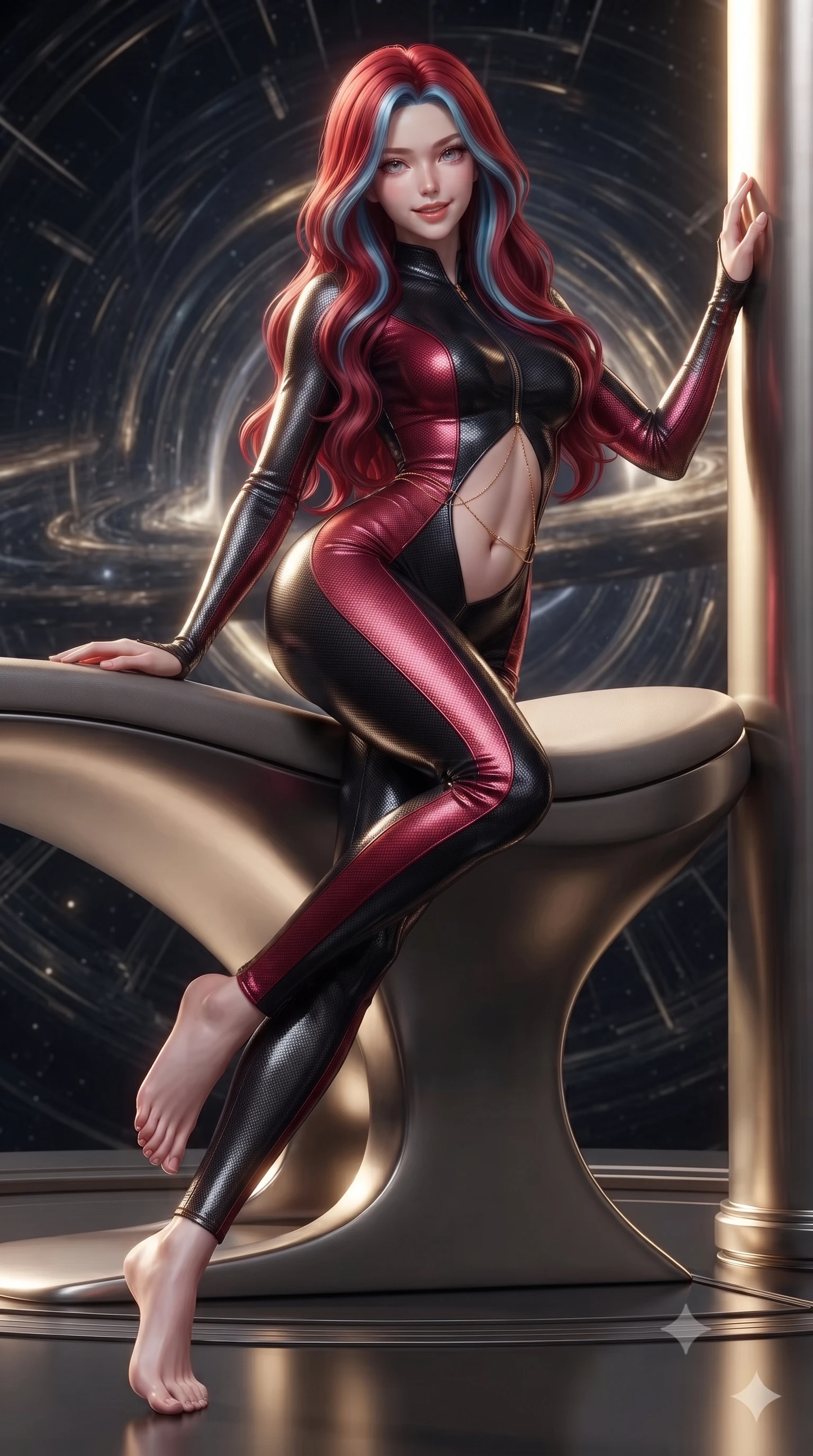 score_9, masterpiece, best quality, ultra-detailed, high-budget anime keyframe, editorial fashion photography, tasteful artistic composition, Caucasian woman. low angle full-body shot from head to toe showing her feet, filling the entire 9:16 vertical frame with her statuesque presence, stretching her vertical silhouette. standing tall beside the architectural column, one hand resting high while arching her lower back to emphasize her sculpted feminine hips and slender waist while lounging gracefully across the titanium observation daybed propped on one elbow with legs extended, displaying her long slender limbs and statuesque hourglass silhouette against the bent space matrix. The surrounding environment is rendered in vivid detail and crisp panoramic clarity: detailed haute-couture texture, wet-look liquid fabric drape, and colossal deep-space physics architecture in razor-sharp precision. She has an exceptionally tall and slender model-like 8.5-heads proportion, an ultra-slim waist, a flat toned midriff, narrow delicate ribcage, and beautifully sculpted feminine hips creating a graceful, slim hourglass silhouette without any bulky heaviness, with impossibly long slender legs. sharp v-shaped jawline, high-bridge nose, intricate jewel-like sparkling eyes with depth, thick eyelashes, glossy parted lips with a natural peach sheen, bright cheerful beaming smile with an enchanting and coquettish sensual glint, exuding both youthful cute charm and seductive allure, flawlessly proportioned anatomical accuracy, strict slender model proportions, natural body alignment, perfectly sculpted long slender limbs, ultra-slim waistline, clean dynamic posture without body distortion. wearing a glove-like stretch carbon-fiber weave catsuit with metallic sheen outlining every millimeter of her statuesque 8.5-heads silhouette in Star-Fortress obsidian black and imperial crimson, tailored from high-density tech-wool with subtle metallic thread weave, accented with a dainty gold belly chain resting across her flat midriff and curving hips, the glove-like clinging cut tightly following the natural contour of her hips and long slender legs with youthful 8.5-heads elegance. bathed in the blinding golden synchrotron radiation of the singularity contrasted with deep obsidian shadow gradients. ultra-reflective glossy finish, specular highlights, rich textural contrasts, high-contrast stereoscopic depth, volumetric dynamic lighting, 2k, ultra detail, master piece, 9:16 ratio