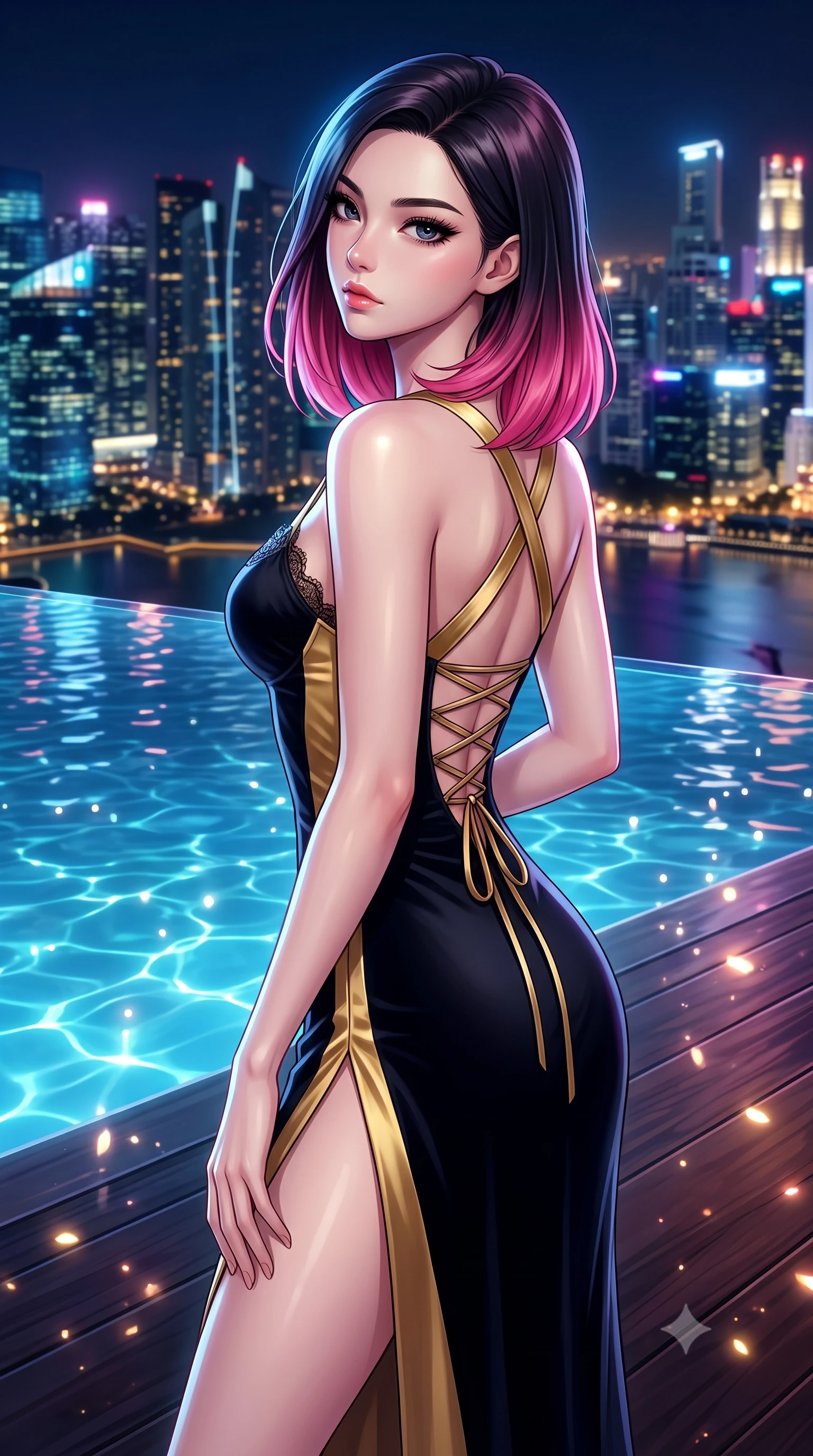 score_9, masterpiece, best quality, ultra-detailed, high-budget anime keyframe, semi-realistic 3D game render, editorial fashion photography, tasteful artistic composition, Korean woman. close-up cowboy shot from the waist and thighs up, the character dominates the composition, filling the frame with her large presence. tilting her chin up with proud, sovereign confidence while gazing directly into the lens with thick, dark eyelashes while pivoting gracefully beside an infinity pool as midnight city lights shimmer across the water's surface. The composition keeps background elements in soft focus with creamy bokeh. shimmering pool caustics and city neon reflections scattering radiant light motes across the deck. She has an exceptionally elegant, slender, and willowy female figure with an ultra-slim waist, a gracefully sculpted slender torso, toned flat midriff, and a refined slim silhouette. sharp v-shaped jawline, high-bridge nose, intricate jewel-like eyes with depth, thick eyelashes, glossy lips with a natural sheen, captivating and magnetic expression, flawlessly proportioned anatomical accuracy, strict slender model proportions, natural body alignment, perfectly sculpted long slender limbs, ultra-slim waistline, clean dynamic posture without body distortion. wearing a high-slit velvet corset dress with delicate lace-trimmed bodice and crossed back straps in midnight obsidian black and liquid gold, made of structured fine wool crepe and liquid silk satin, featuring a criss-cross satin back lacing highlighting her graceful shoulder blades, the sleek tailored cut tightly hugging her graceful clavicle, narrow waist, and feminine curves with statuesque precision. surrounded by a cosmopolitan, elite, and intensely magnetic modern royalty aura. highly saturated vibrant anime colors, detailed shading with soft gradients, rich glossy textures, high-contrast stereoscopic depth, volumetric dynamic lighting, master piece, 9:16 ratio
